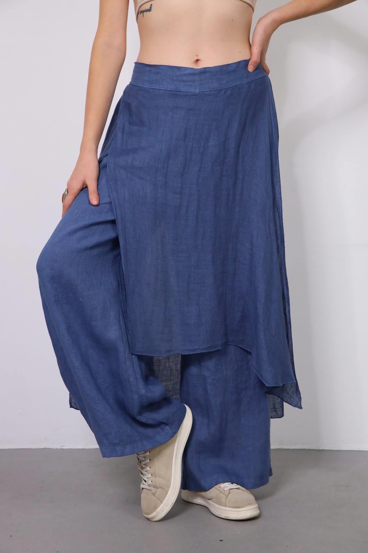 İndigo Mavisi Parça Detaylı Keten Pantolon - Şaman Butik İndigo Mavisi Parça Detaylı Keten Pantolon