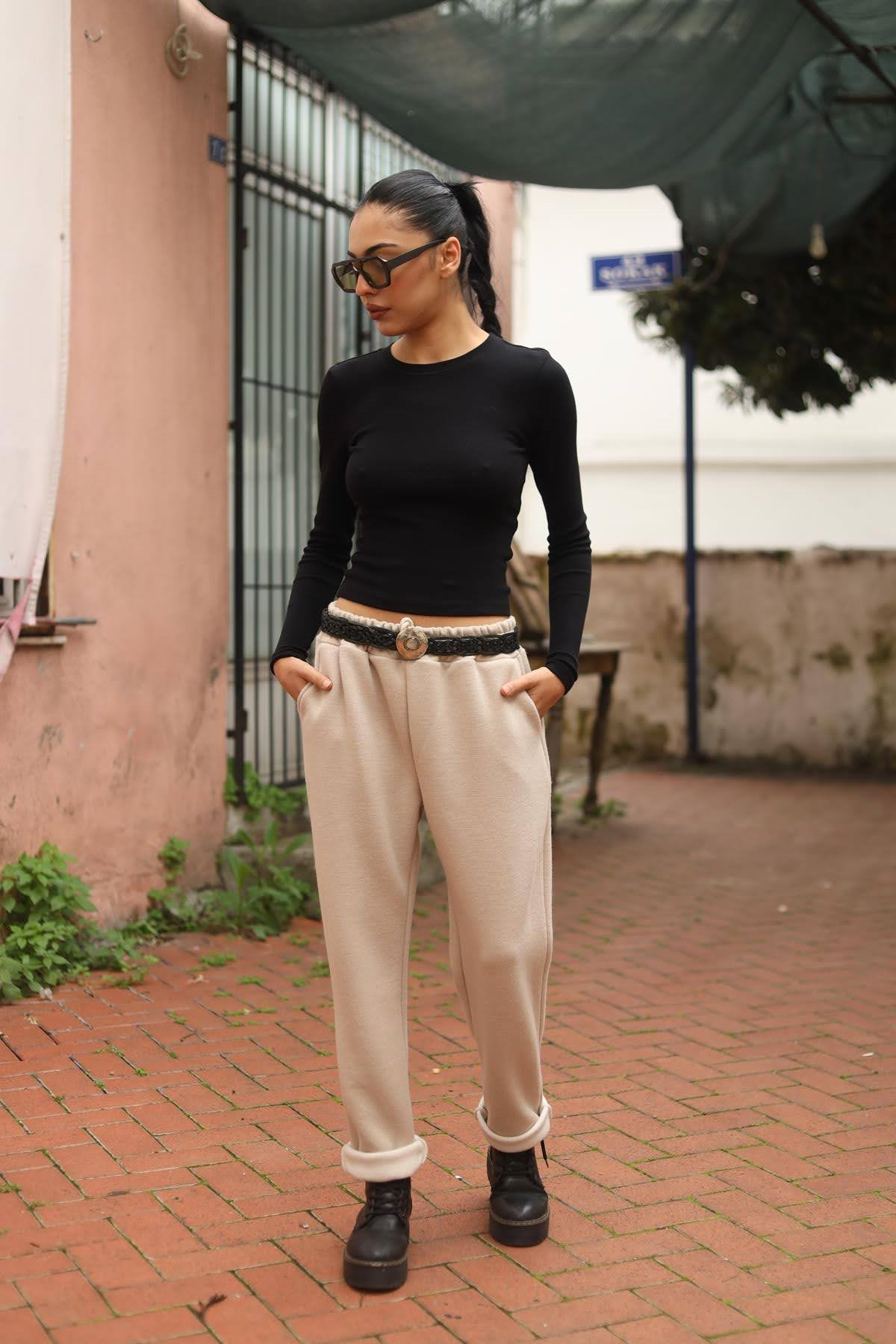 Krem Rengi Beli İpli Triko Pantolon