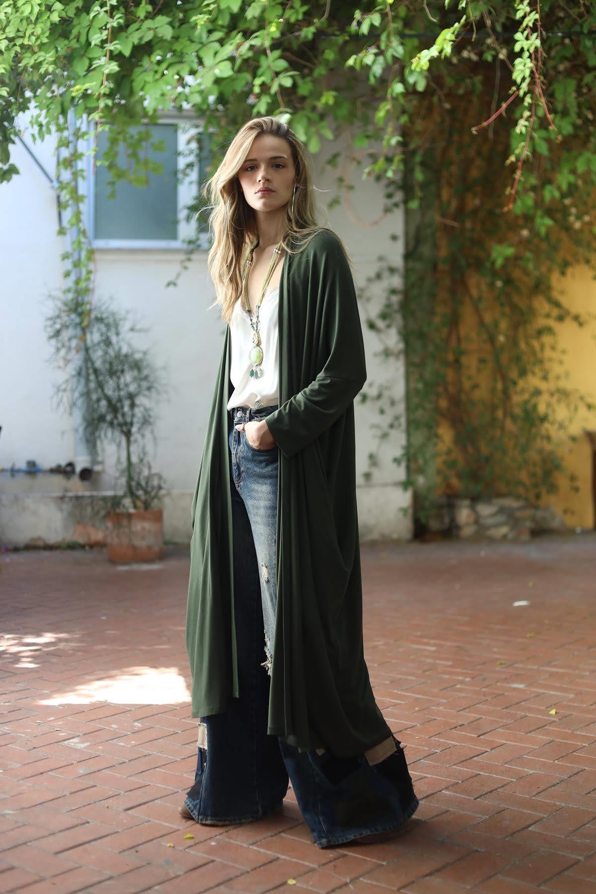 Haki Uzun Triko Hırka