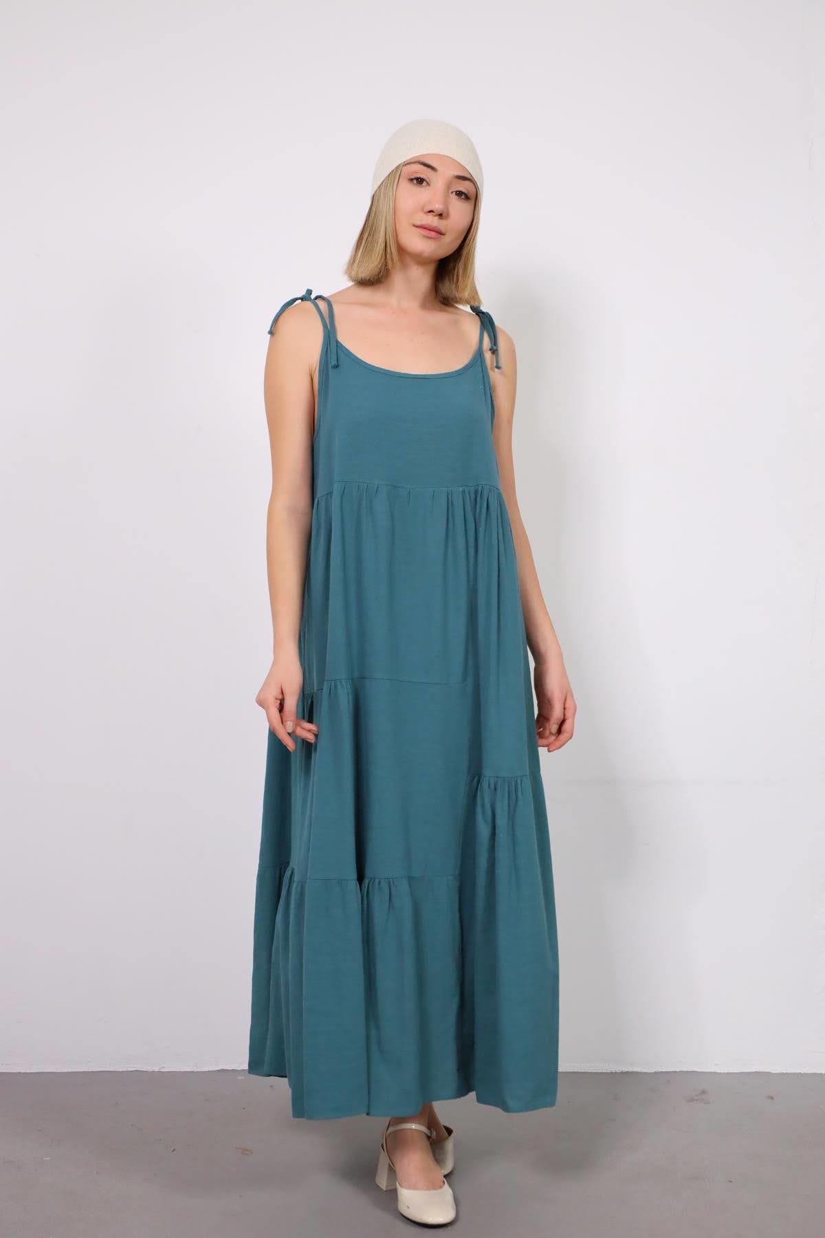 Petrol Yeşili İp Askılı Asimetrik Dikişli Keten Elbise - Şaman Butik Petrol Yeşili İp Askılı Asimetrik Dikişli Keten Elbise