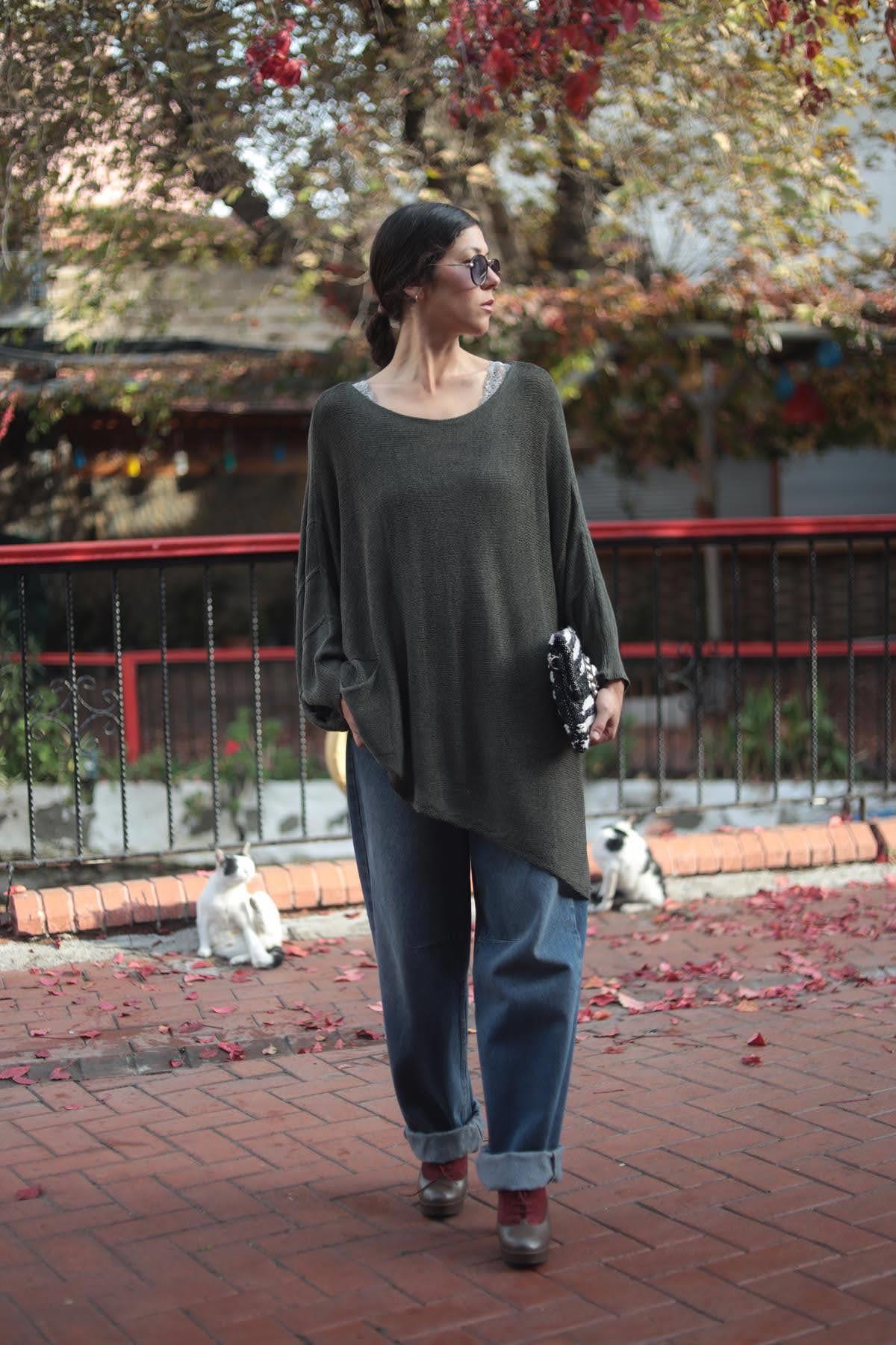 Haki Asimetrik Kesim Cepli Tunik