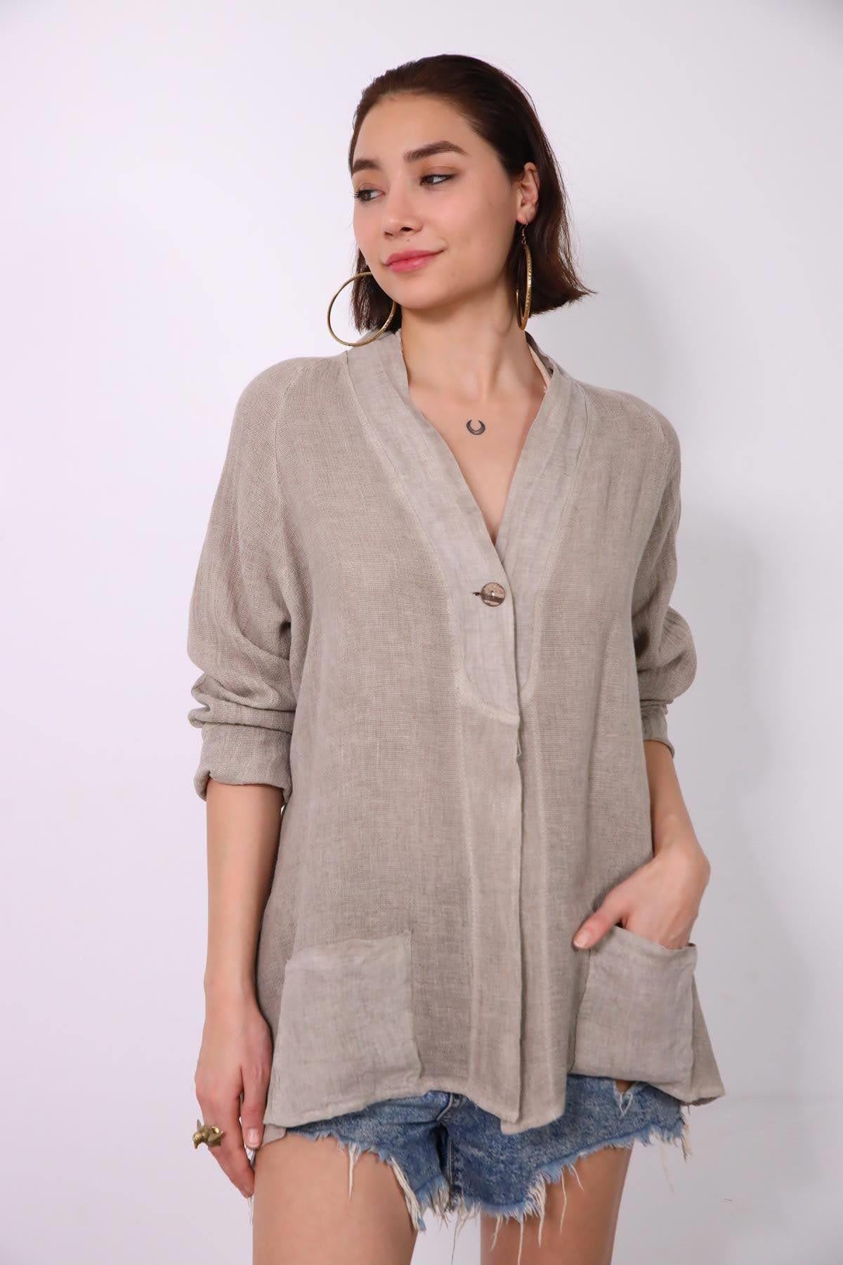 Vizon Rengi Yakası ve Cebi Keten Tek Düğmeli Ceket - Şaman Butik Vizon Rengi Yakası ve Cebi Keten Tek Düğmeli Ceket