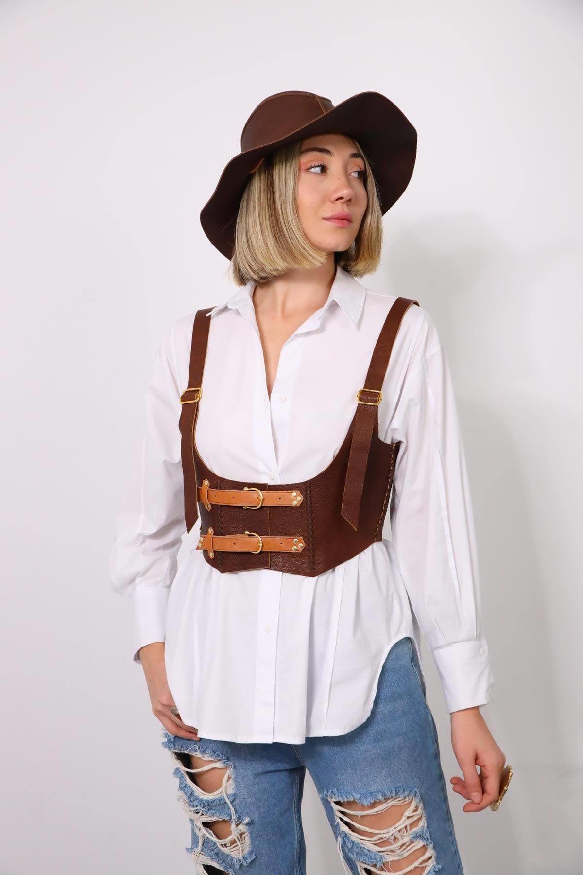  Kahverengi Kemerli Deri Korse