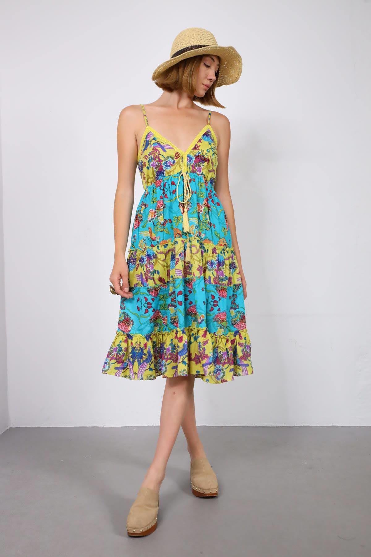 Turkuaz Güpür Detaylı Askılı Otantik Elbise - Şaman Butik Turkuaz Güpür Detaylı Askılı Otantik Elbise