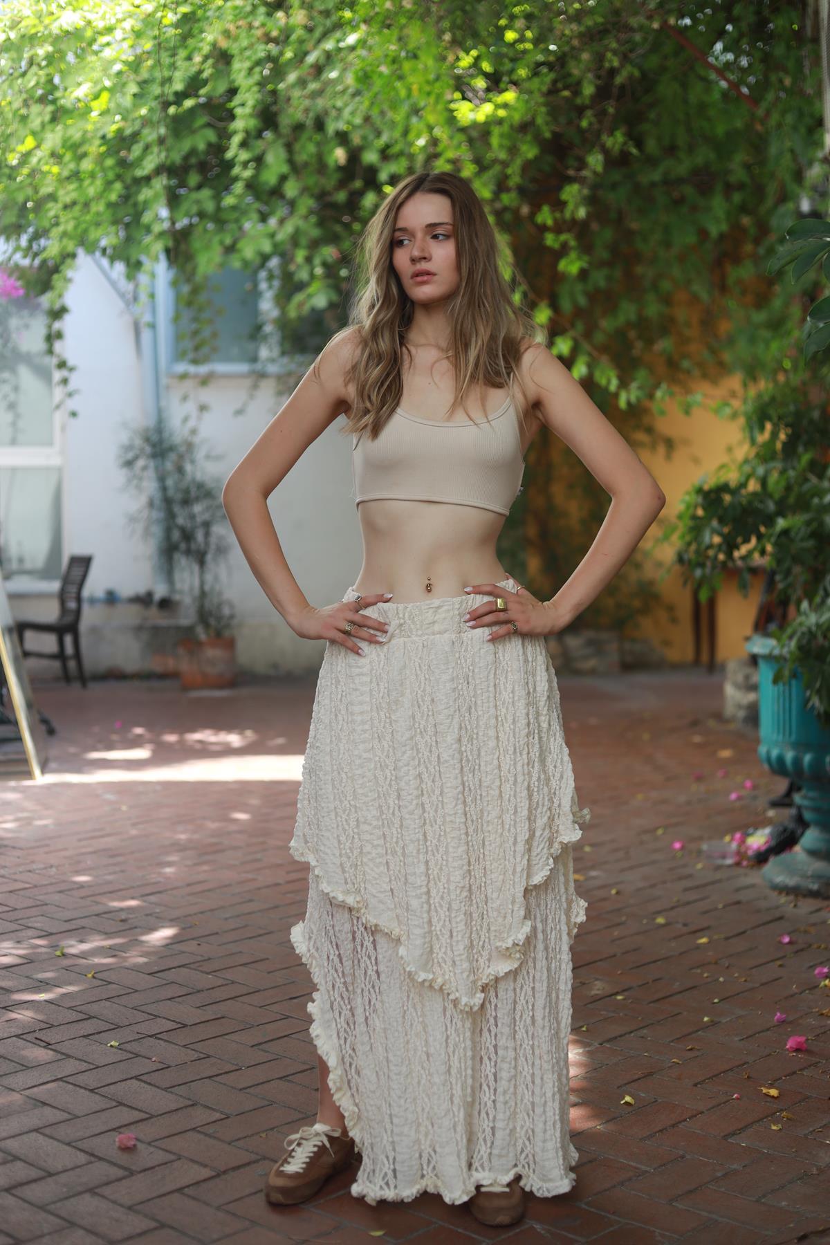 Cream Asymmetrical Layered Lace Skirt