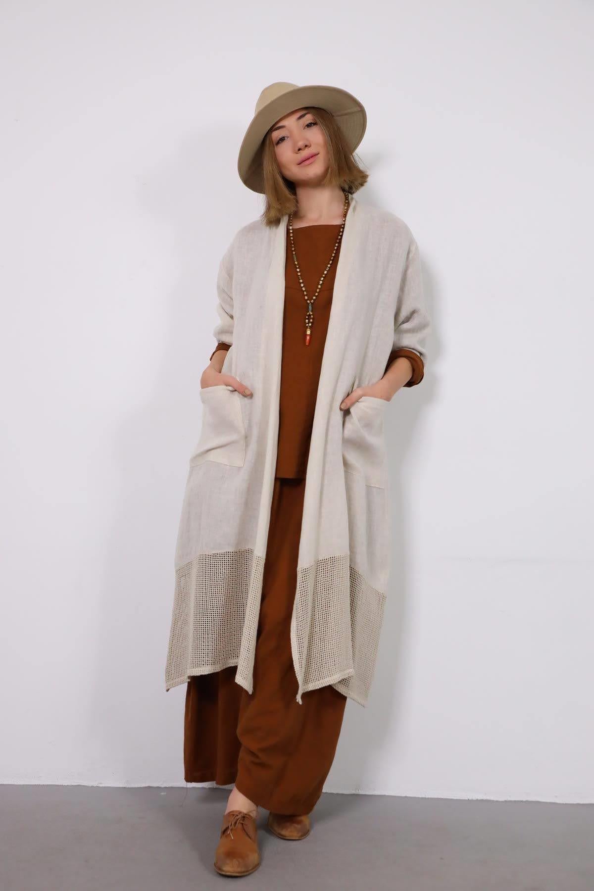 Krem Rengi Altı File Detaylı Keten Kaftan - Şaman Butik Krem Rengi Altı File Detaylı Keten Kaftan