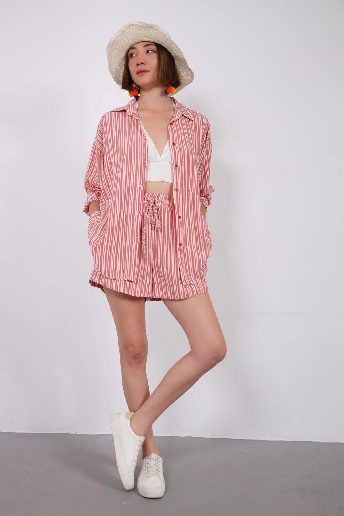 Pembe Çizgili Şortlu Takım - Şaman Butik Pembe Çizgili Şortlu Takım