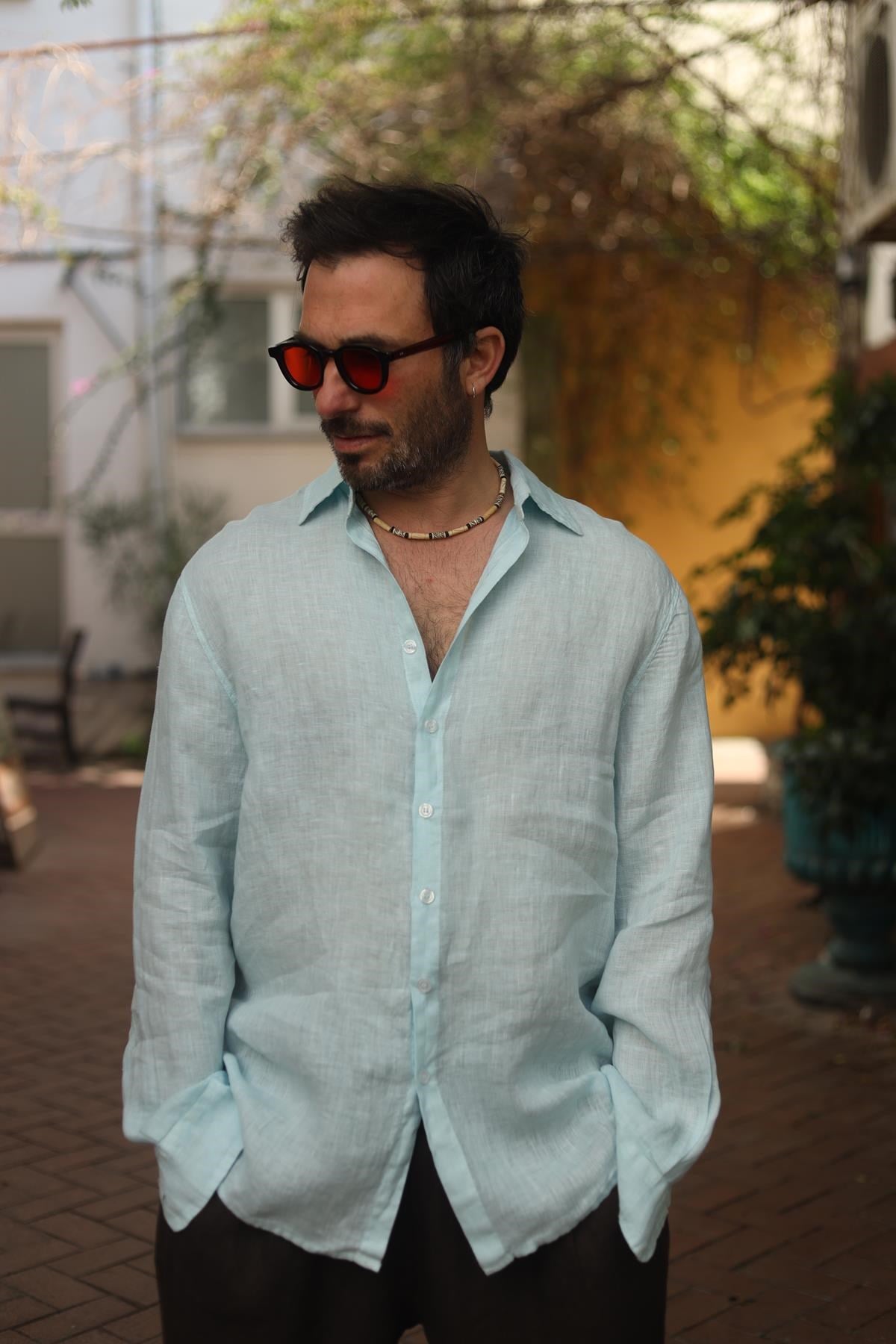 Turkuaz Keten Klasik Erkek Gömlek