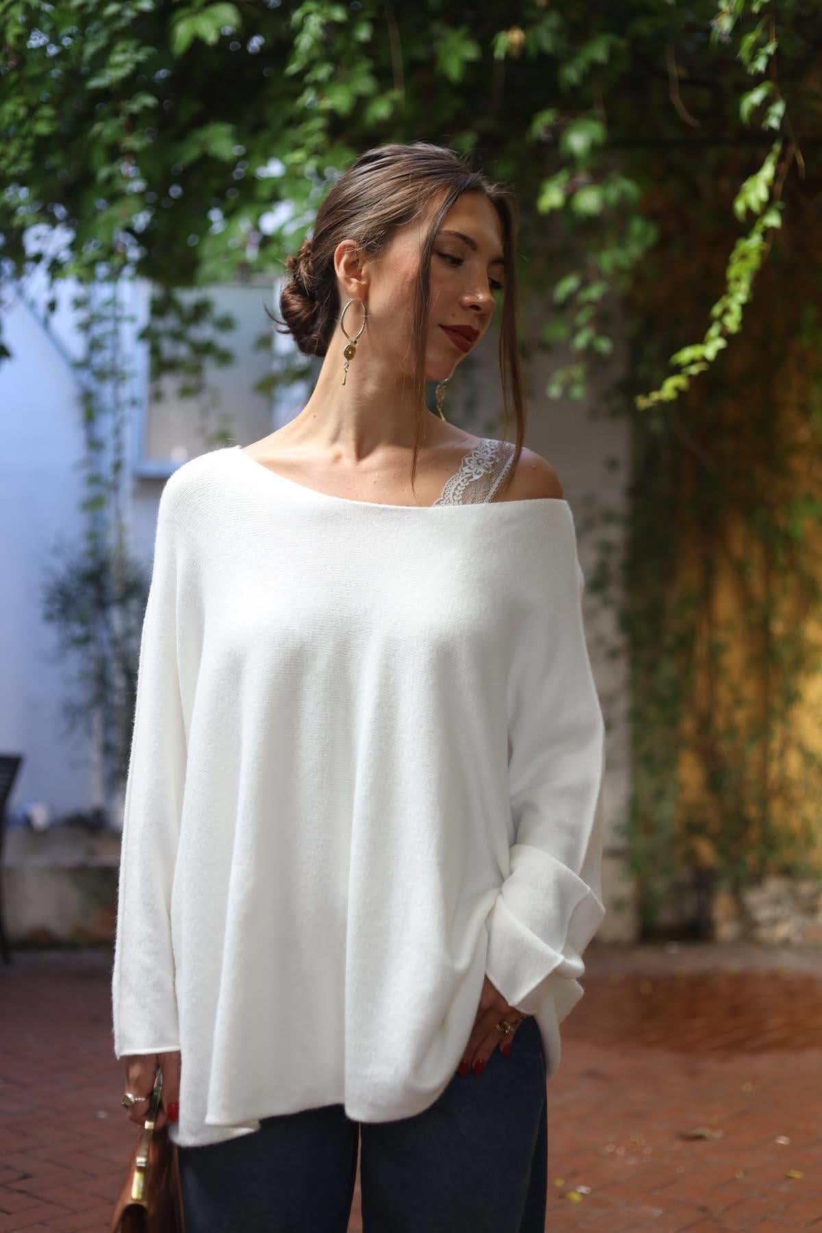 Beyaz Bisiklet Yaka Dikişsiz Kazak