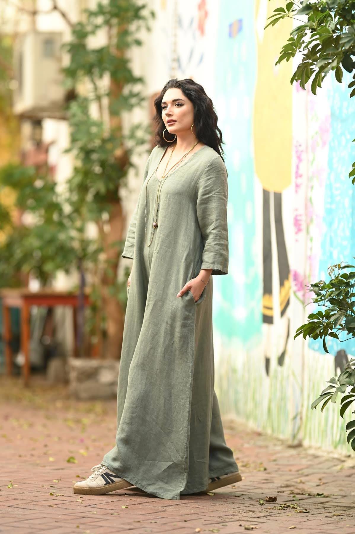  Khaki Wide Neck Back Detailed Linen Jumpsuit