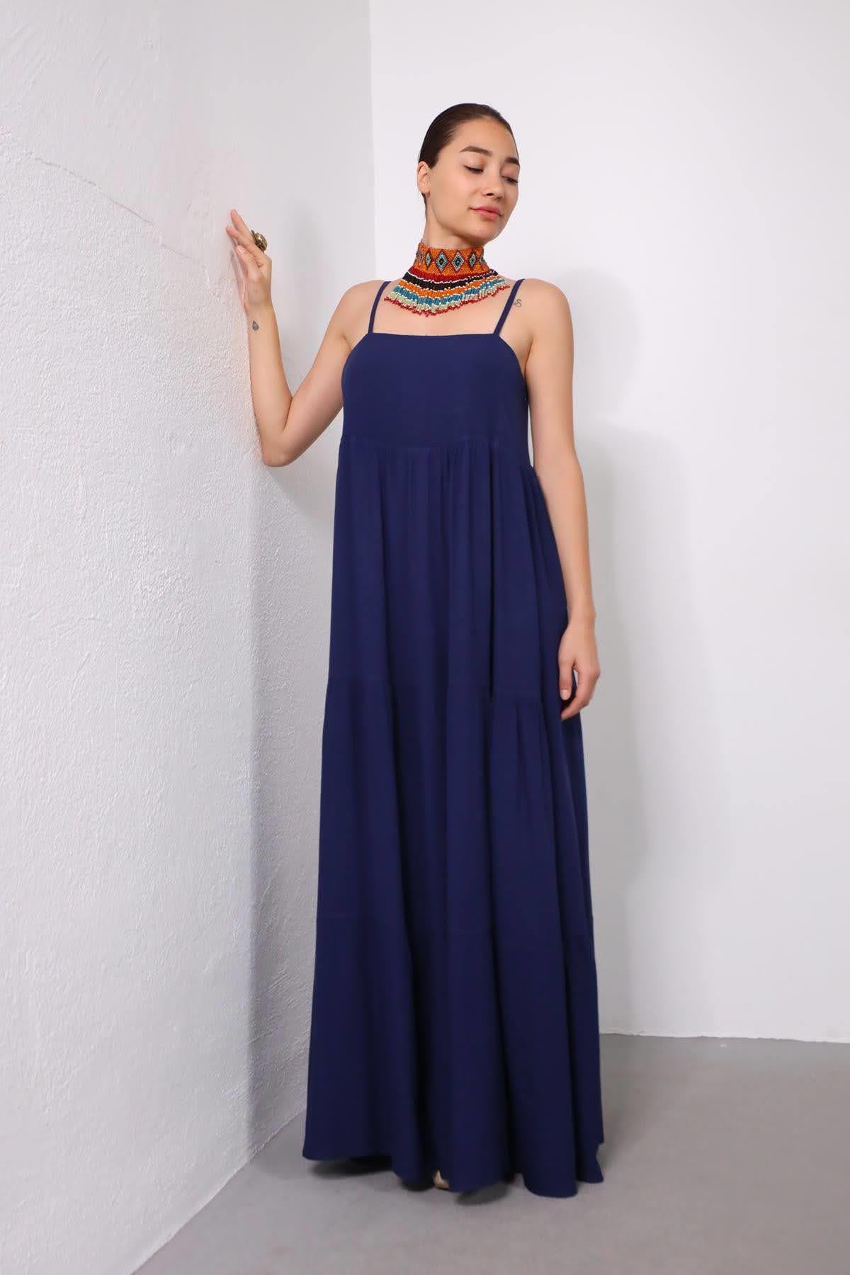 Lacivert Ayarlanabilir İp Askılı Yandan Fermuarlı Elbise - Şaman Butik Lacivert Ayarlanabilir İp Askılı Yandan Fermuarlı Elbise