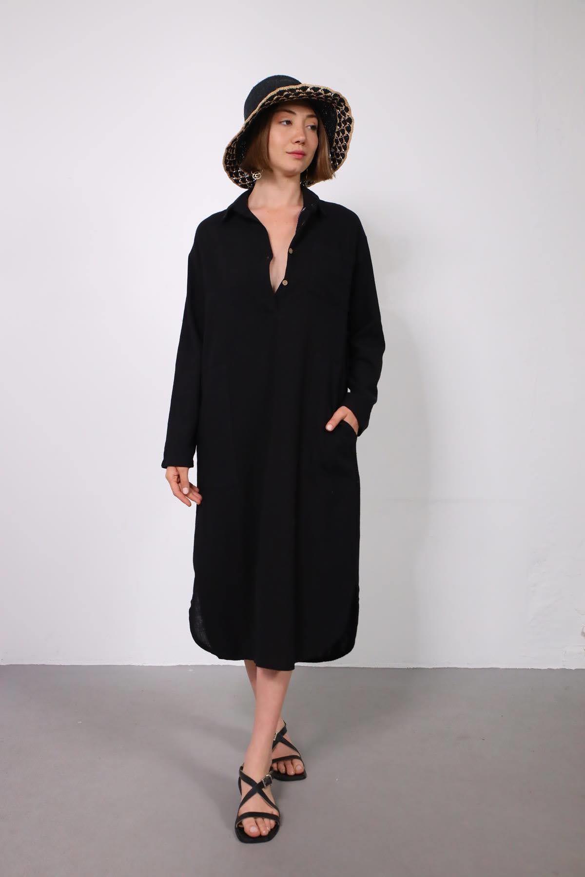 Siyah Gömlek Yaka Cepli Yırtmaçlı Keten Elbise - Şaman Butik Siyah Gömlek Yaka Cepli Yırtmaçlı Keten Elbise