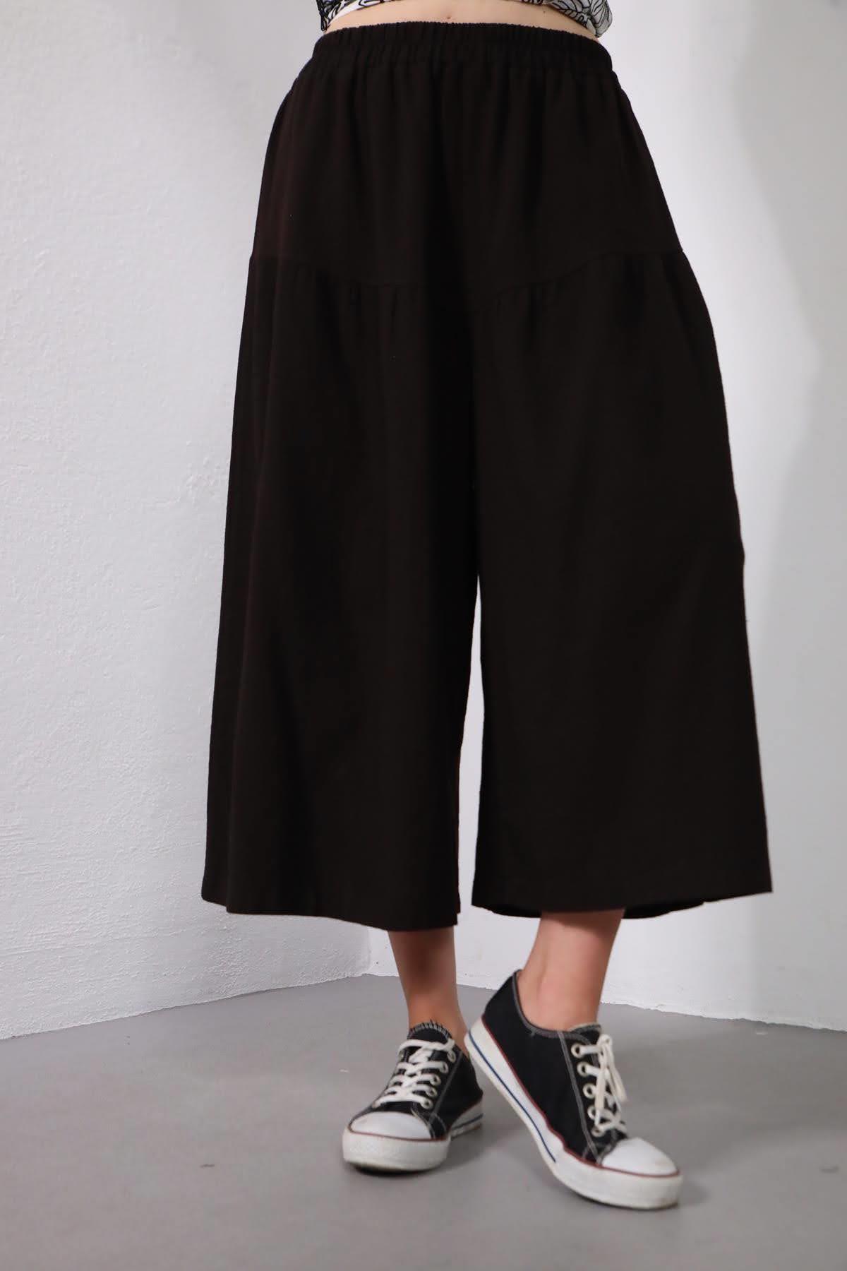 Siyah Beli Lastikli Kısa Geniş Paçalı Keten Pantolon - Şaman Butik Siyah Beli Lastikli Kısa Geniş Paçalı Keten Pantolon