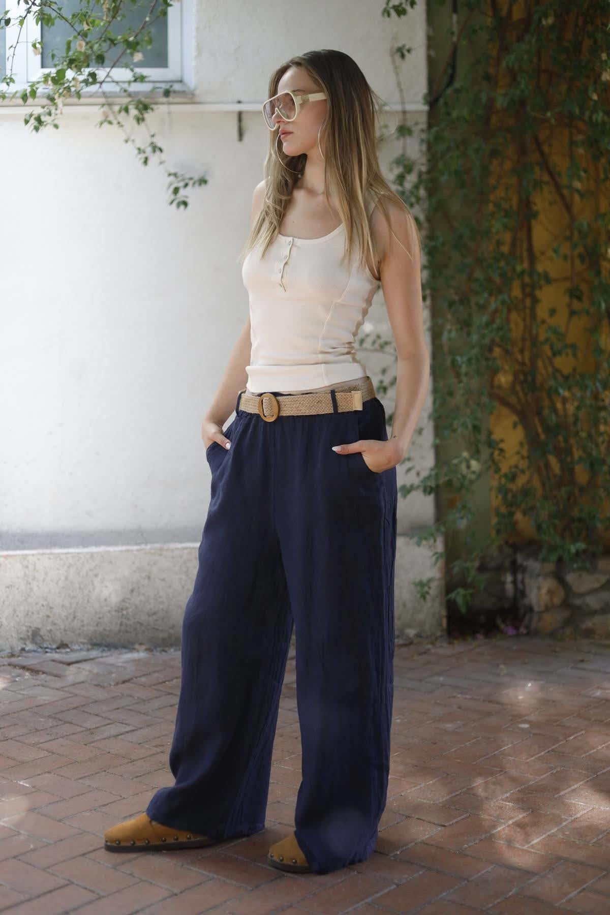 Lacivert Hasır Kemerli Keten Pantolon