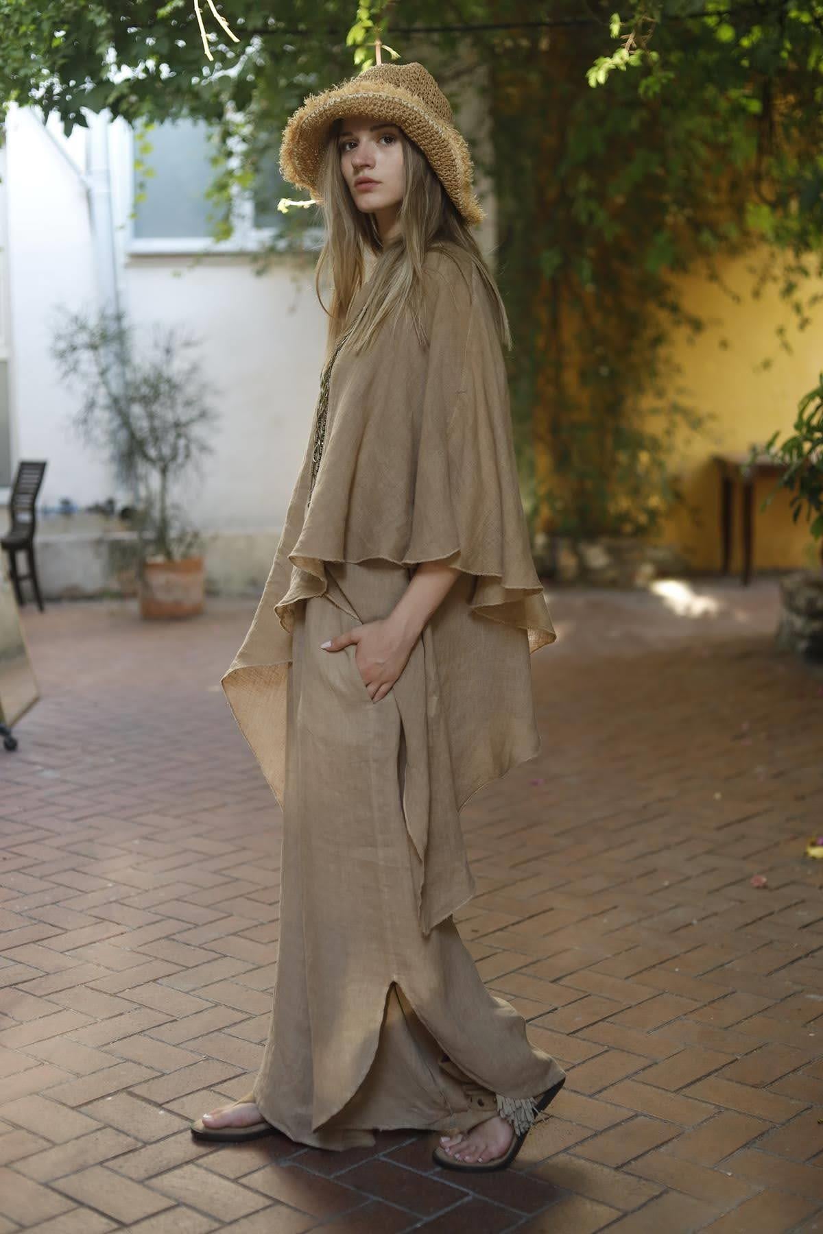 Camel Color Asymmetric Cut Linen Set