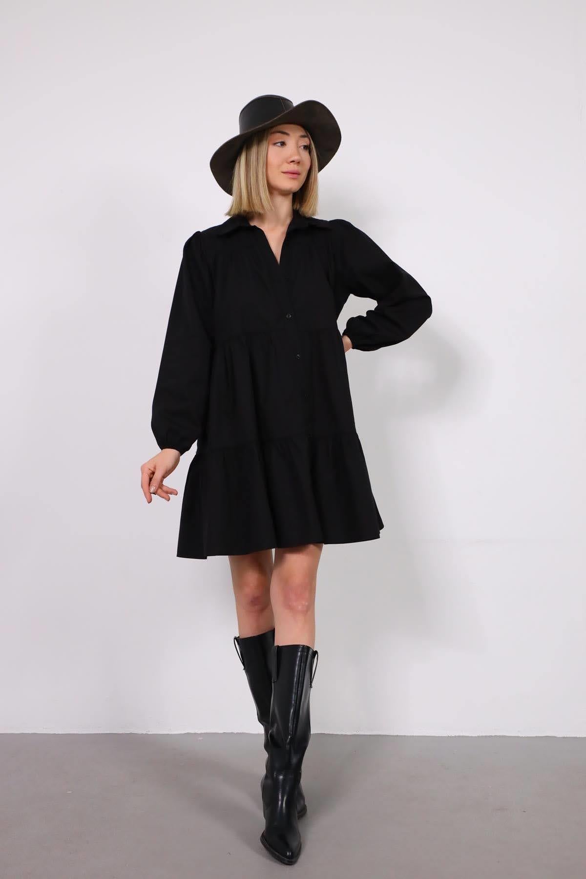 Siyah Kolları Büzgülü Kat Kat Gömlek Elbise - Şaman Butik Siyah Kolları Büzgülü Kat Kat Gömlek Elbise