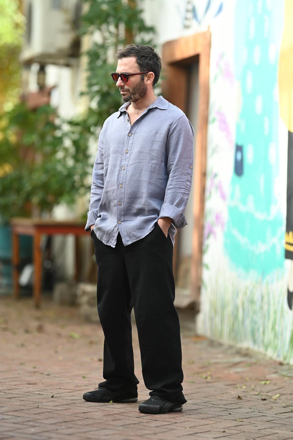 Koyu Lila Keten Klasik Erkek Gömlek