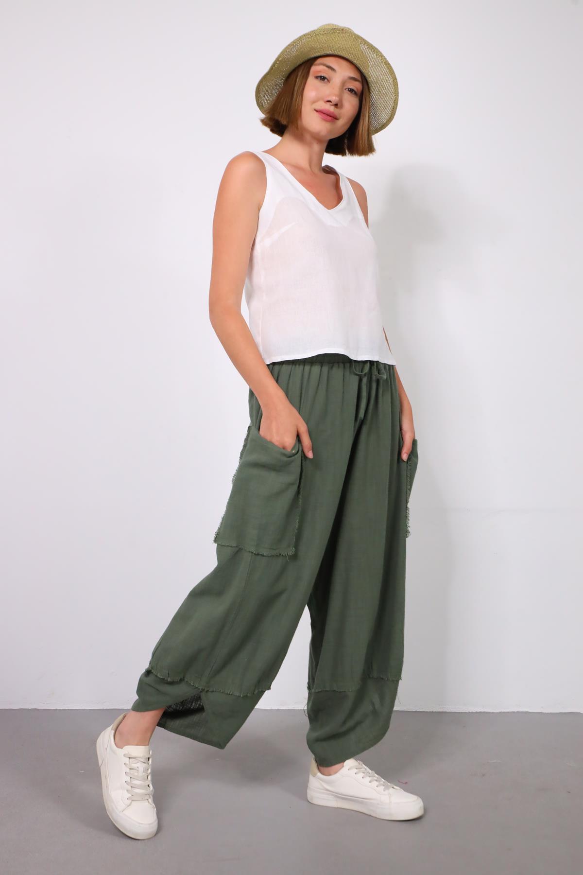 Haki Torba Cepli Püsküllü Paça Detaylı Pantolon - Şaman Butik Haki Torba Cepli Püsküllü Paça Detaylı Pantolon