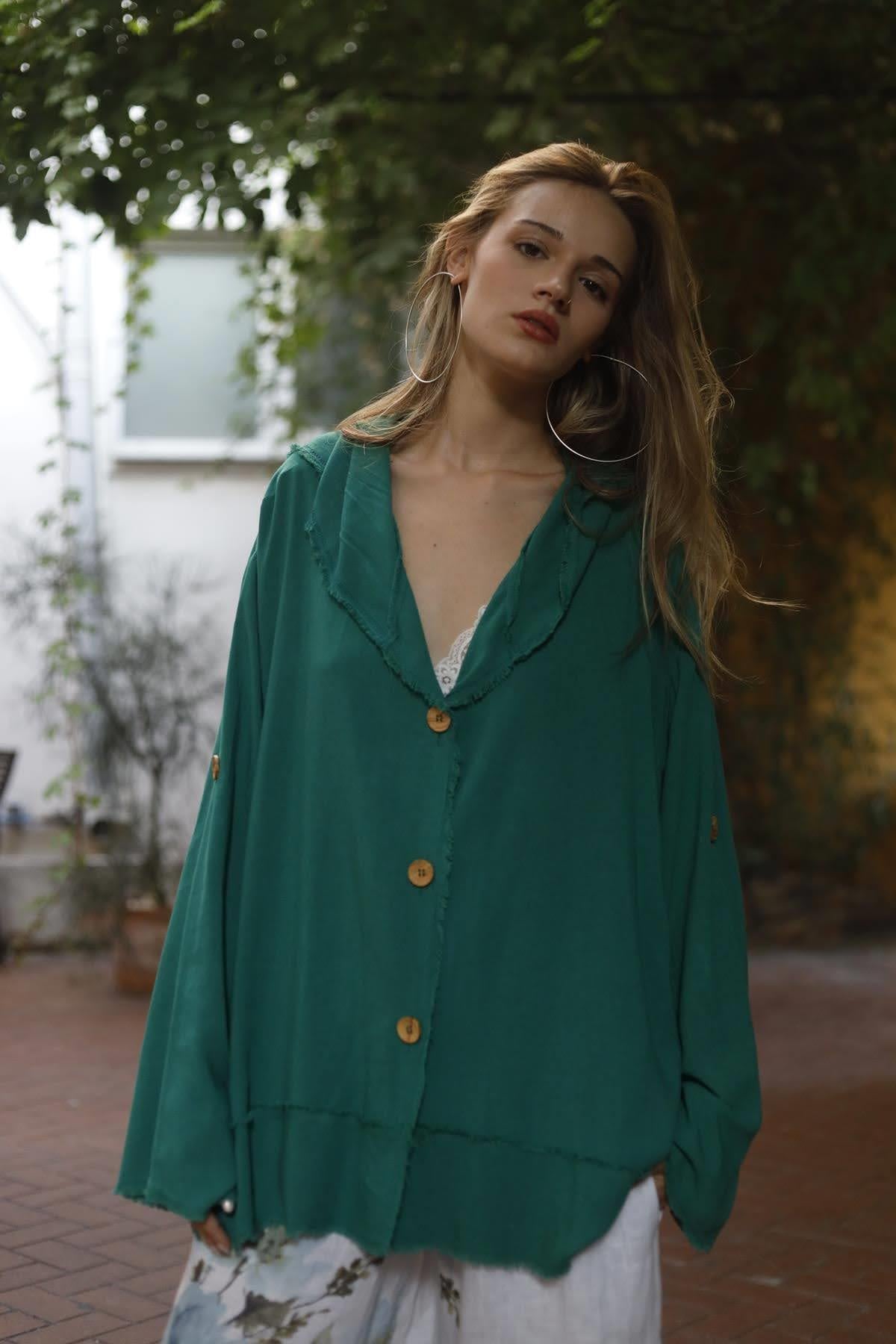 Green Hooded Stitched Linen Jacket 
