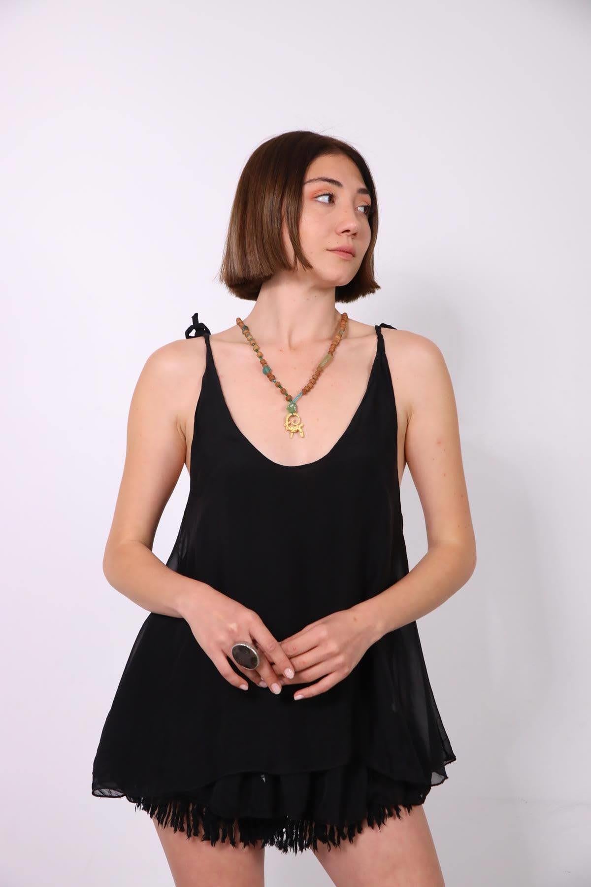  Siyah Bağlamalı İpek Askılı Bluz