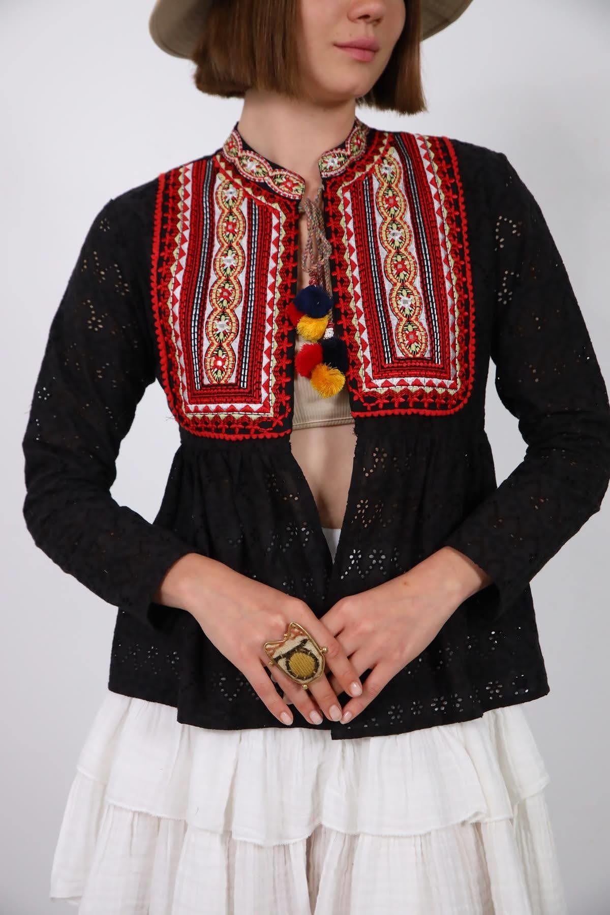 Black Tasseled Cutwork Embroidery Authentic Jacket - Saman Black Tasseled Cutwork Embroidery Authentic Jacket - Saman