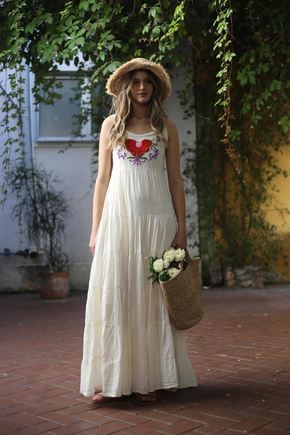 Ecru Embroidered Strappy Bohemian Dress