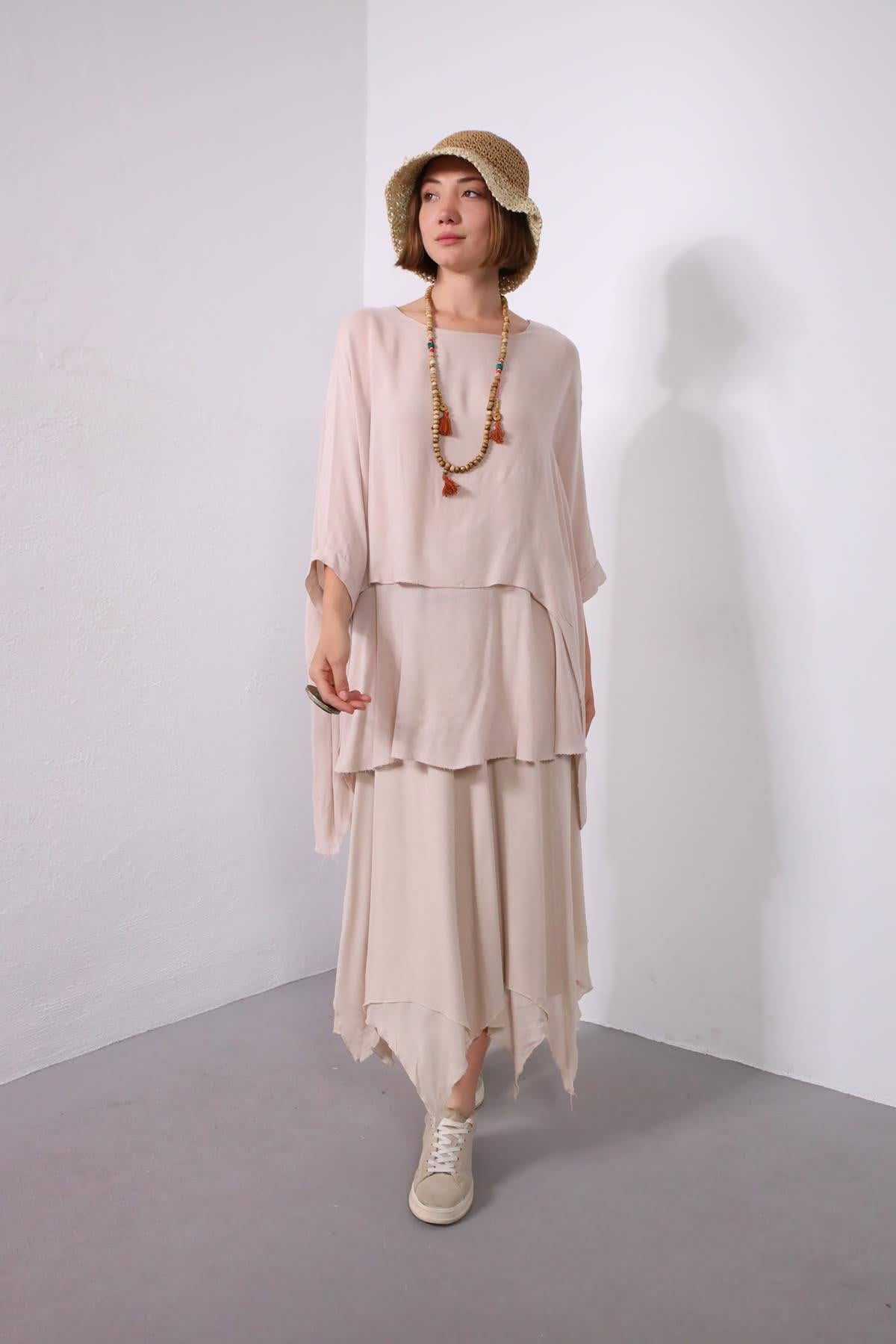 Krem Rengi Parçalı Yarasa Kol Salaş Bluz - Şaman Butik Krem Rengi Parçalı Yarasa Kol Salaş Bluz