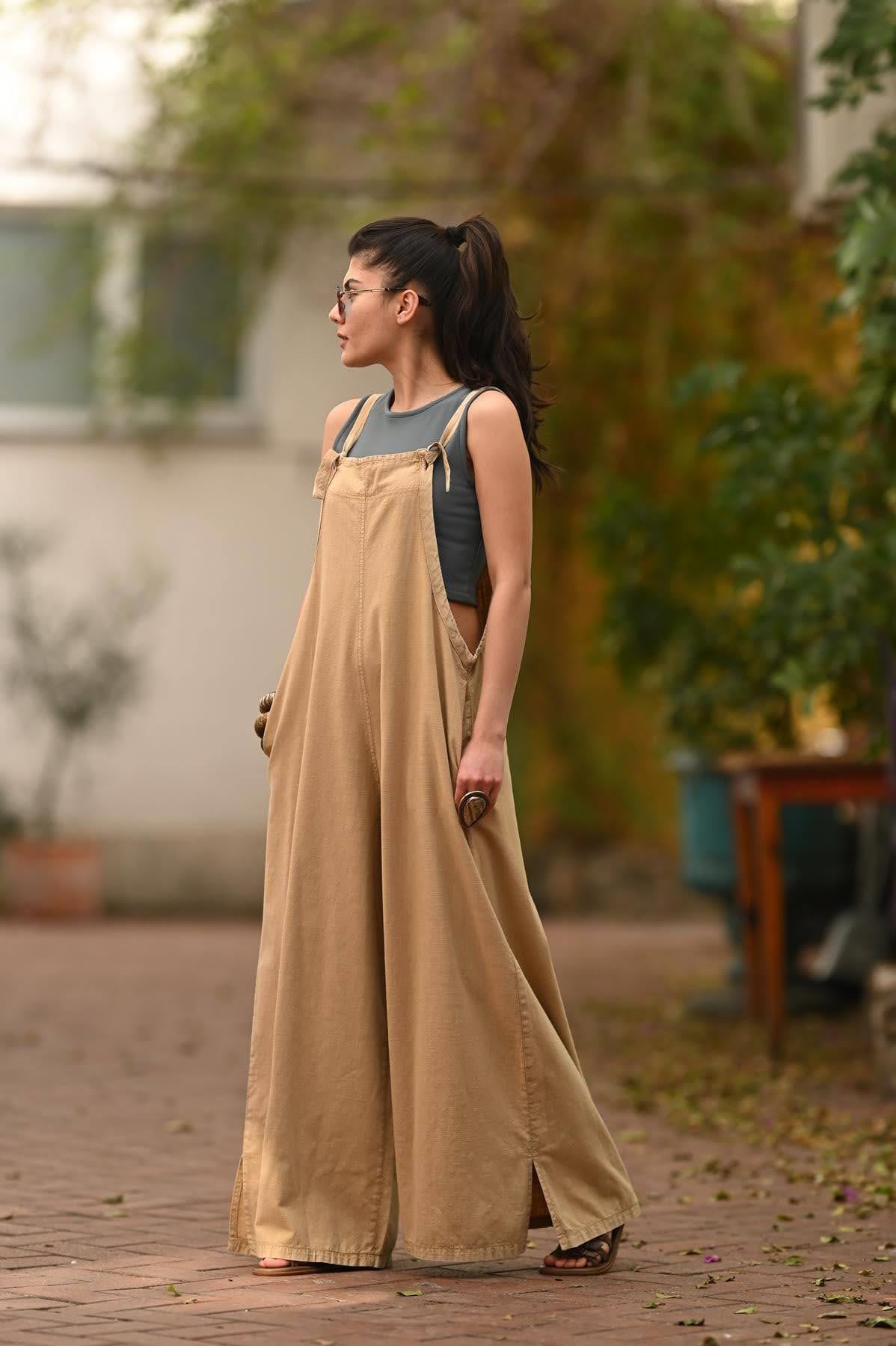 Camel Rengi Dokuma Bol Paça Salopet Tulum