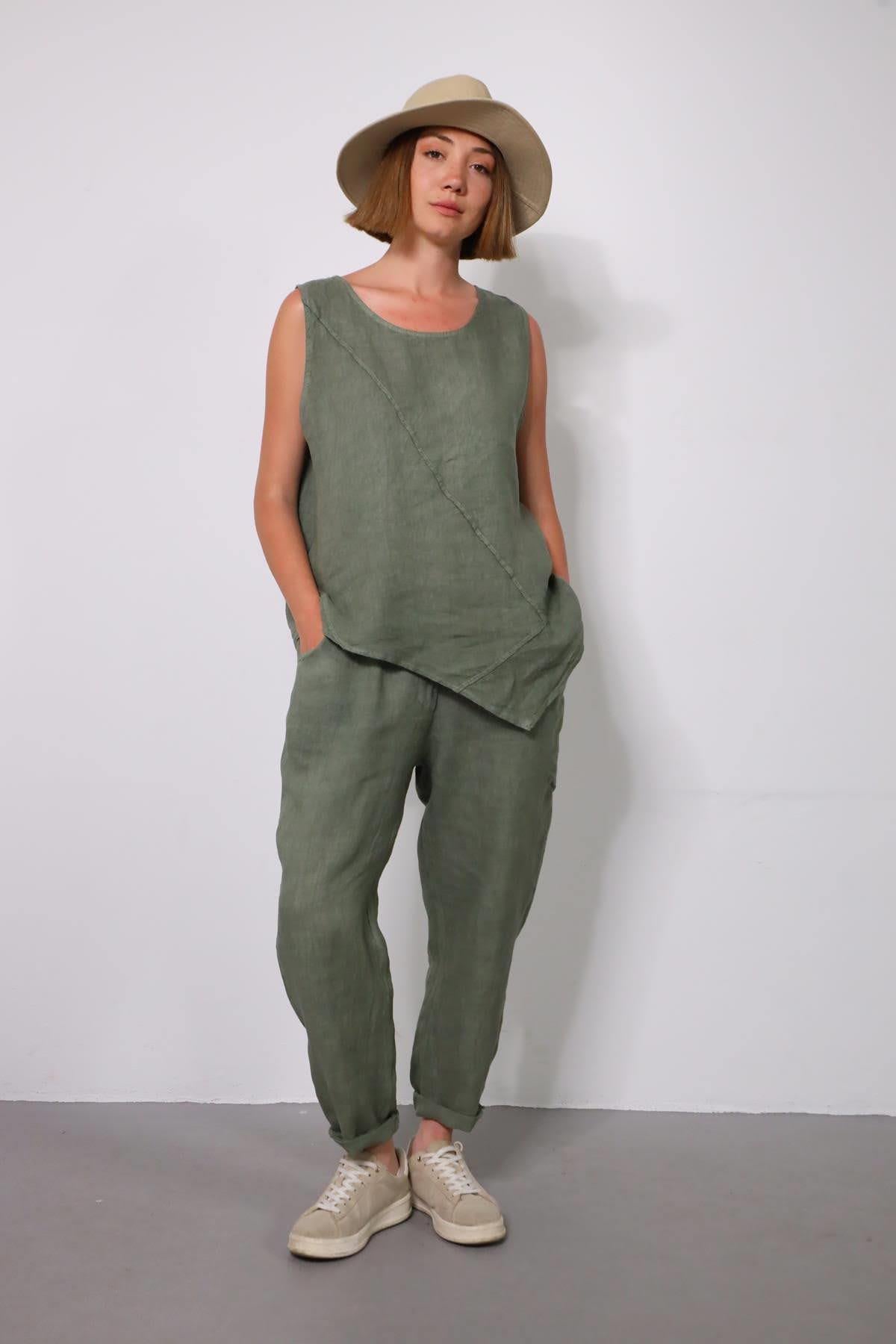 Haki Dikişli Sıfır Kol Bluz ve Pantolon Keten Takım - Şaman Butik Haki Dikişli Sıfır Kol Bluz ve Pantolon Keten Takım