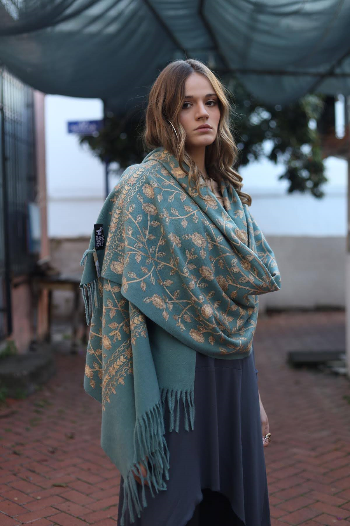Mint Green Embroidered Cashmere Shawl