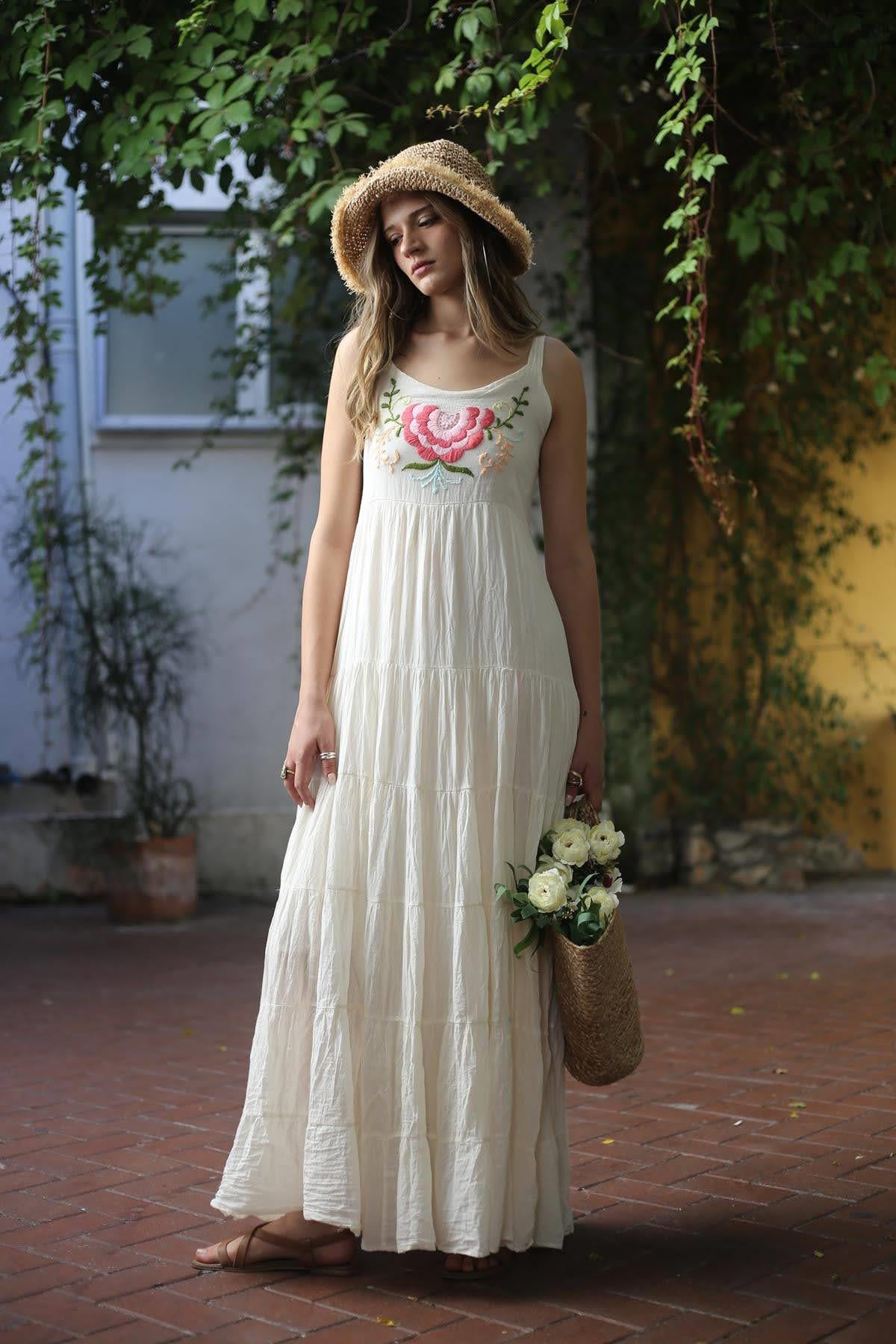 Ecru Embroidered Strappy Bohemian Dress