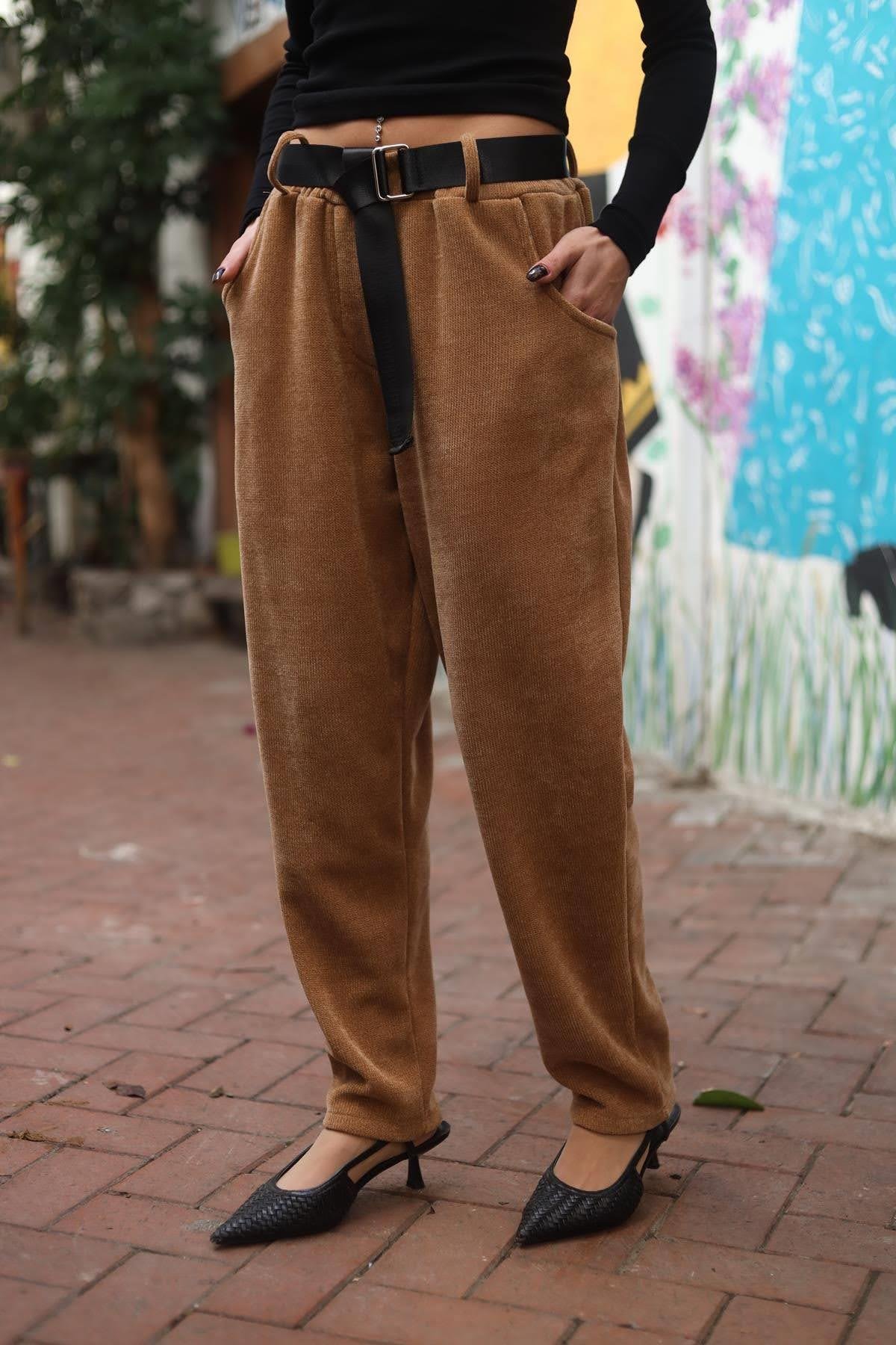 Camel Color Lycra Velvet Pants