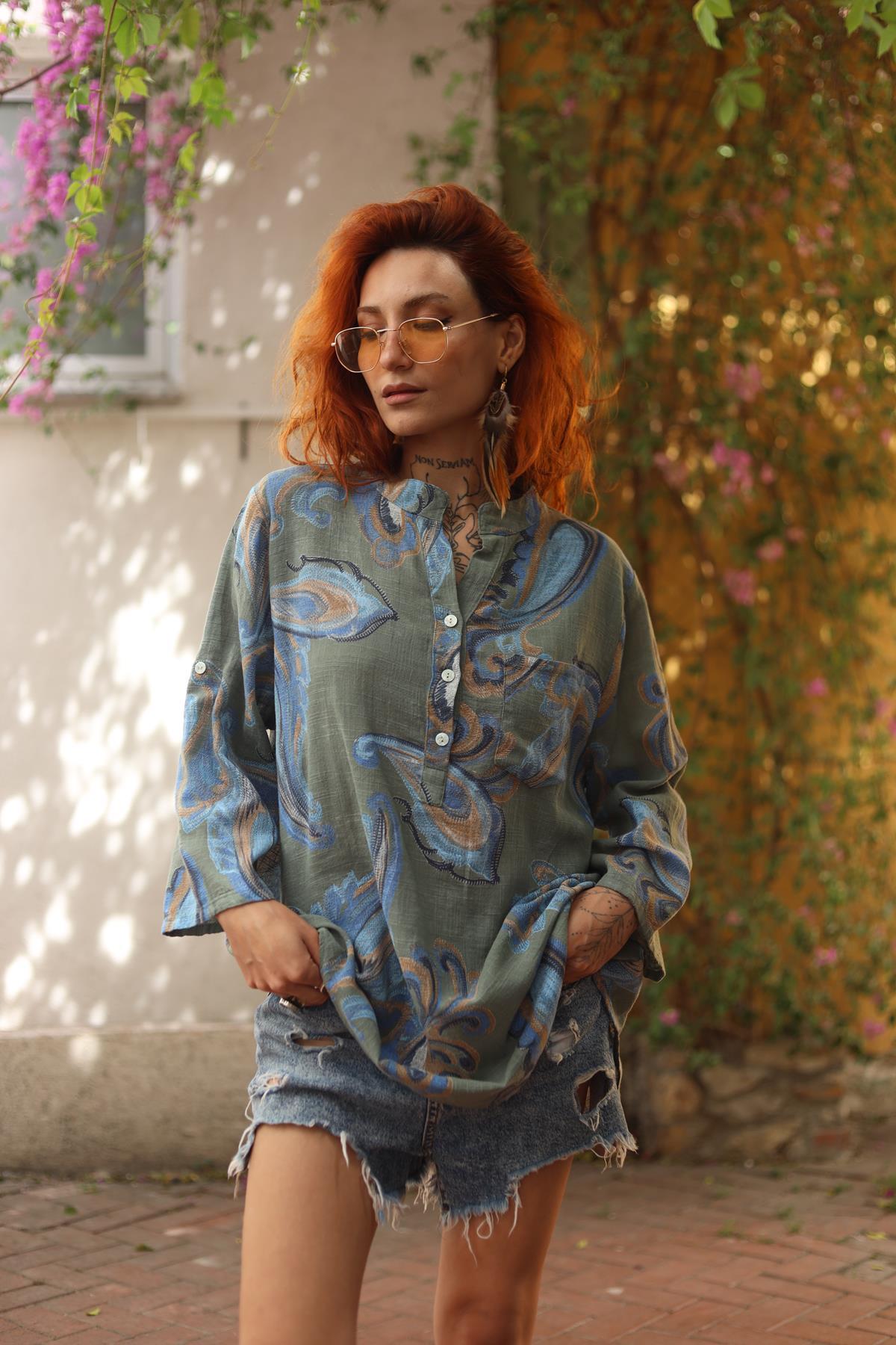 Khaki Patterned Three Button Shirt