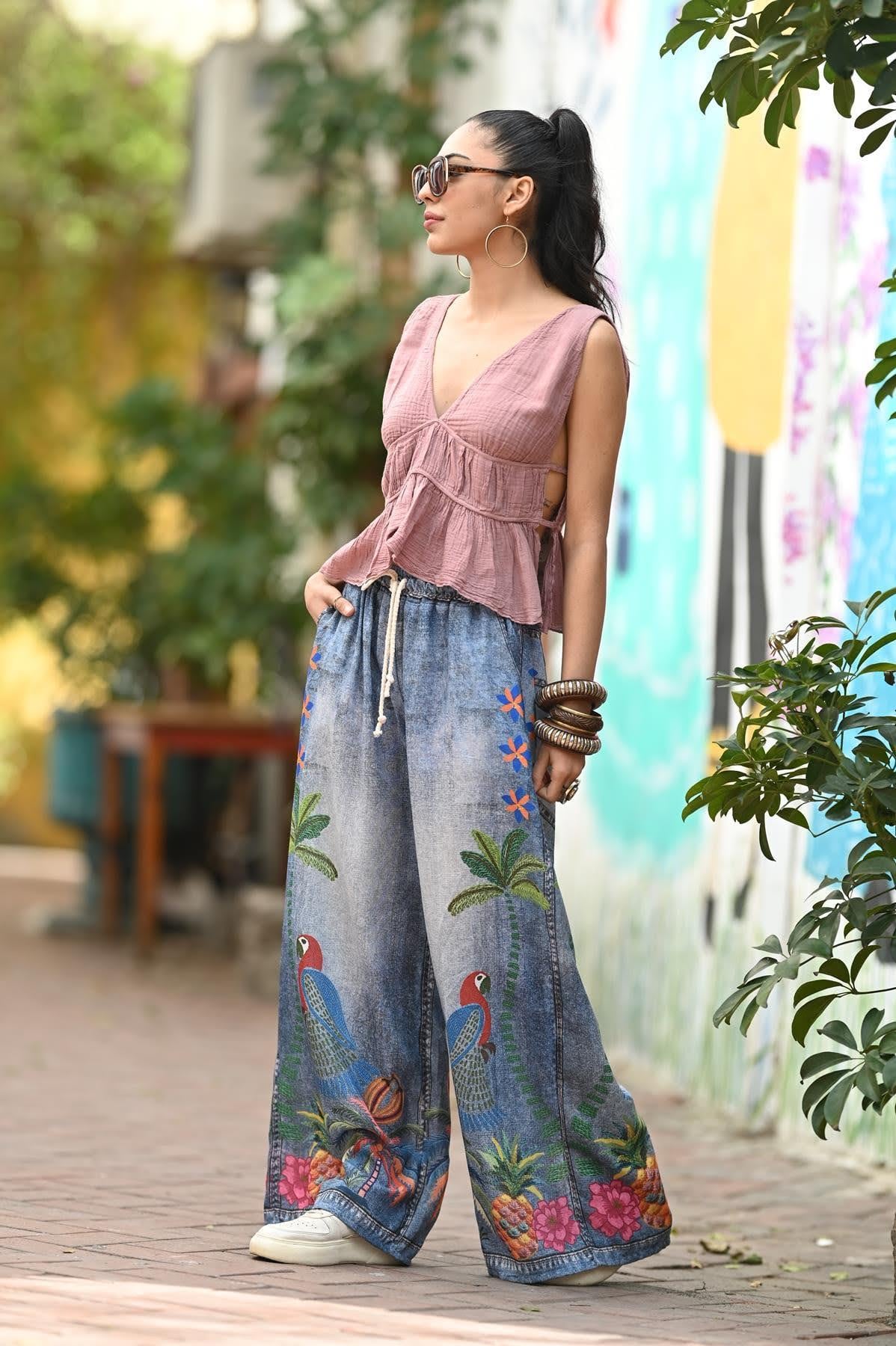 Mavi Renkli Baskılı Kot Görünümlü Salaş Pantolon