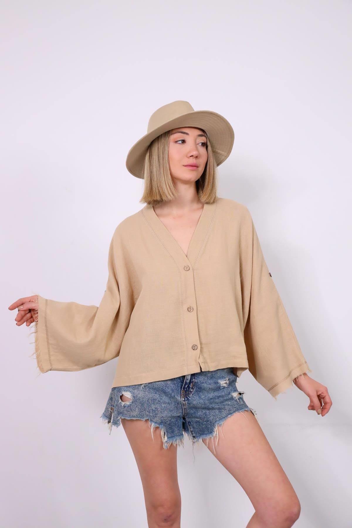  Sütlü Kahve Yarasa Kol Püsküllü Sırt Detaylı Gömlek