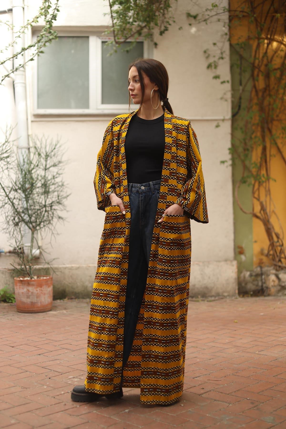 Hardal Rengi Büyük Cepli Uzun Kaftan
