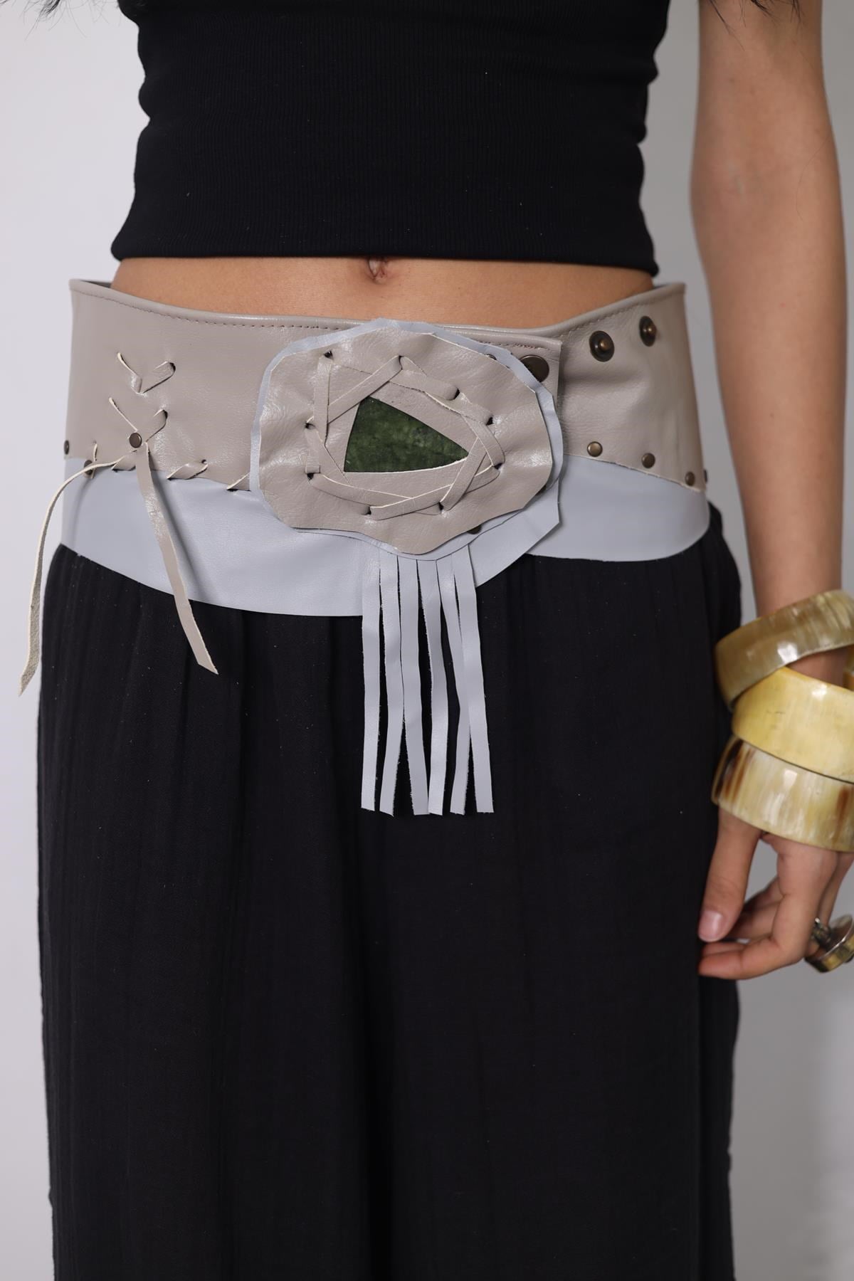 Vizon Rengi Doğal Taşlı Deri Kemer