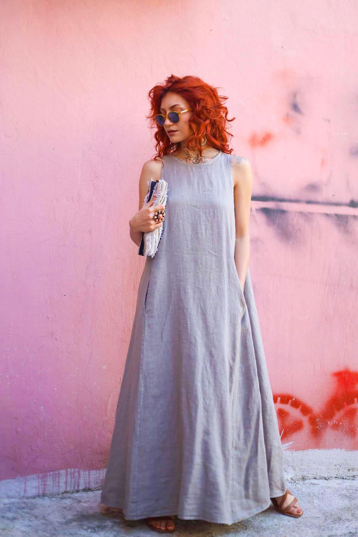 Vizon Rengi Bisiklet Yaka Cepli Kolsuz Keten Elbise