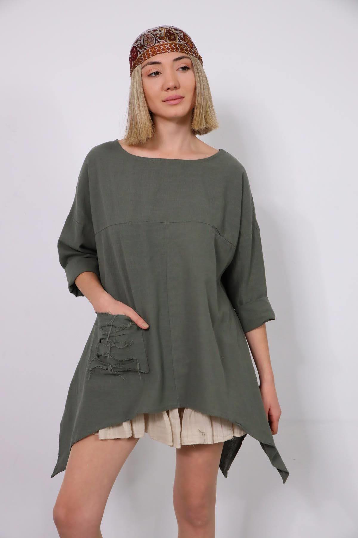  Haki Cebi Yırtık Parça Detaylı Salaş Keten Bluz