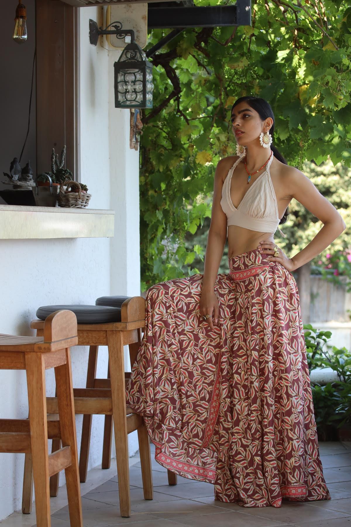 Plum Color Patterned Silk Pants Skirt