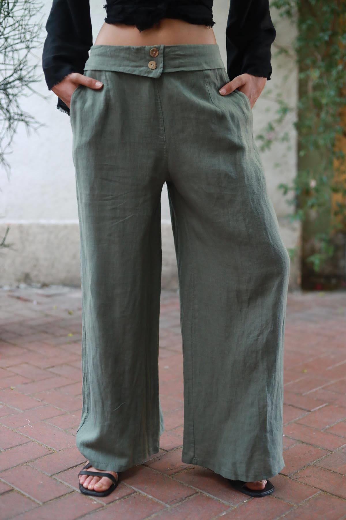 Haki Beli Katlı Çift Düğmeli Keten Pantolon