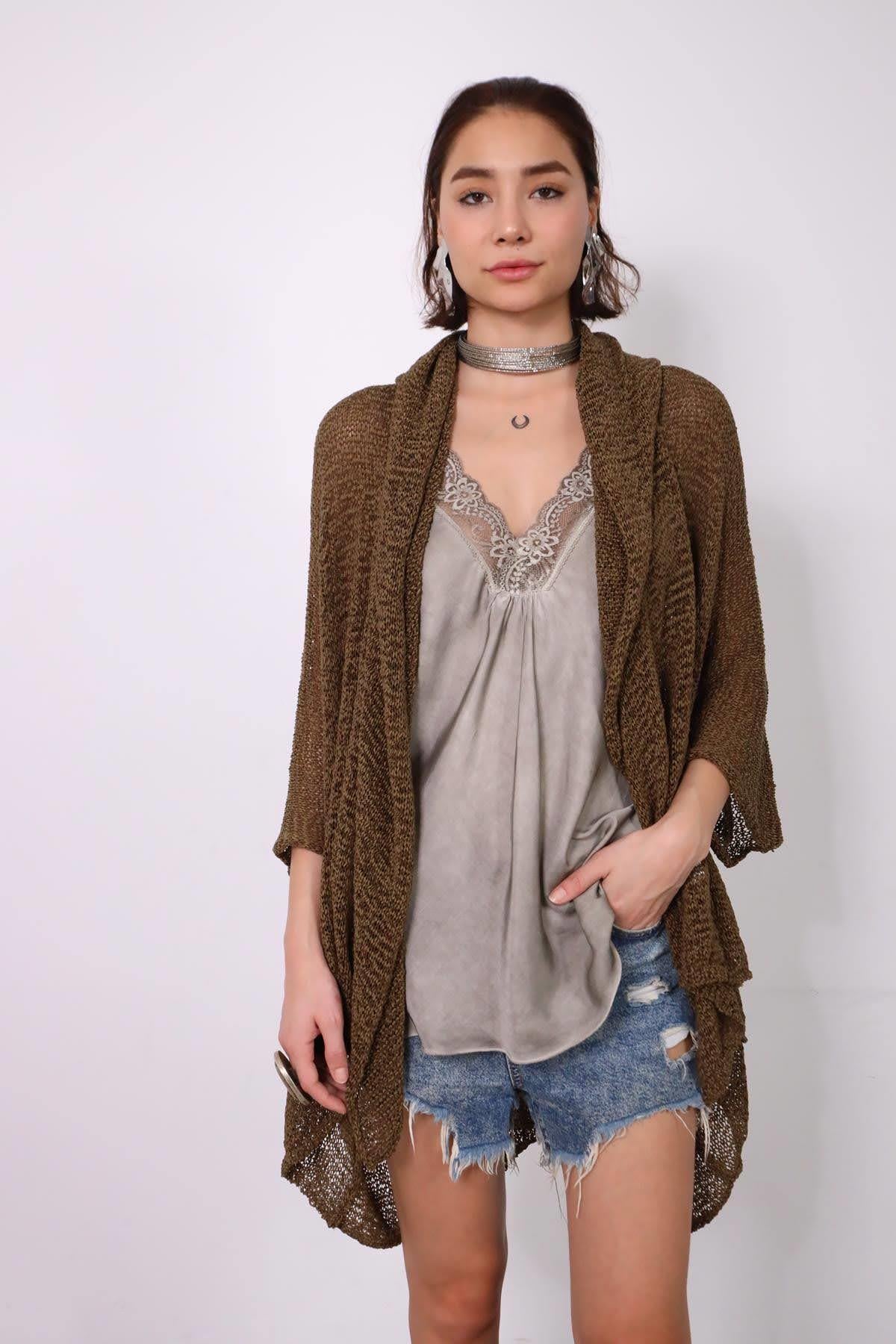 Haki Kapüşonlu Merserize Hırka - Şaman Butik - Bohem Giyim ve Aksesuar | Kadın & Erkek Haki Kapüşonlu Merserize Hırka