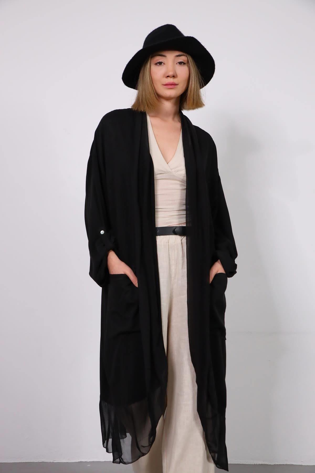 Siyah Cepli İpek Detaylı Kaftan - Şaman Butik - Bohem Giyim ve Aksesuar | Kadın & Erkek Siyah Cepli İpek Detaylı Kaftan