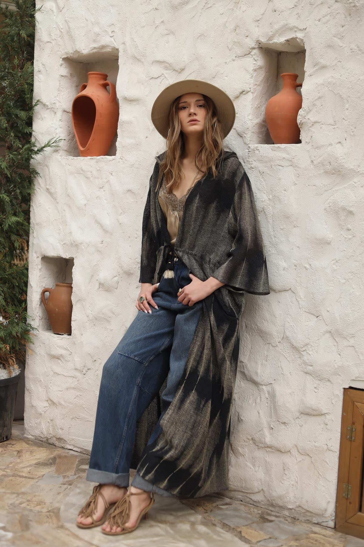 Siyah Desenli Kapüşonlu Jüt Pamuk Kimono