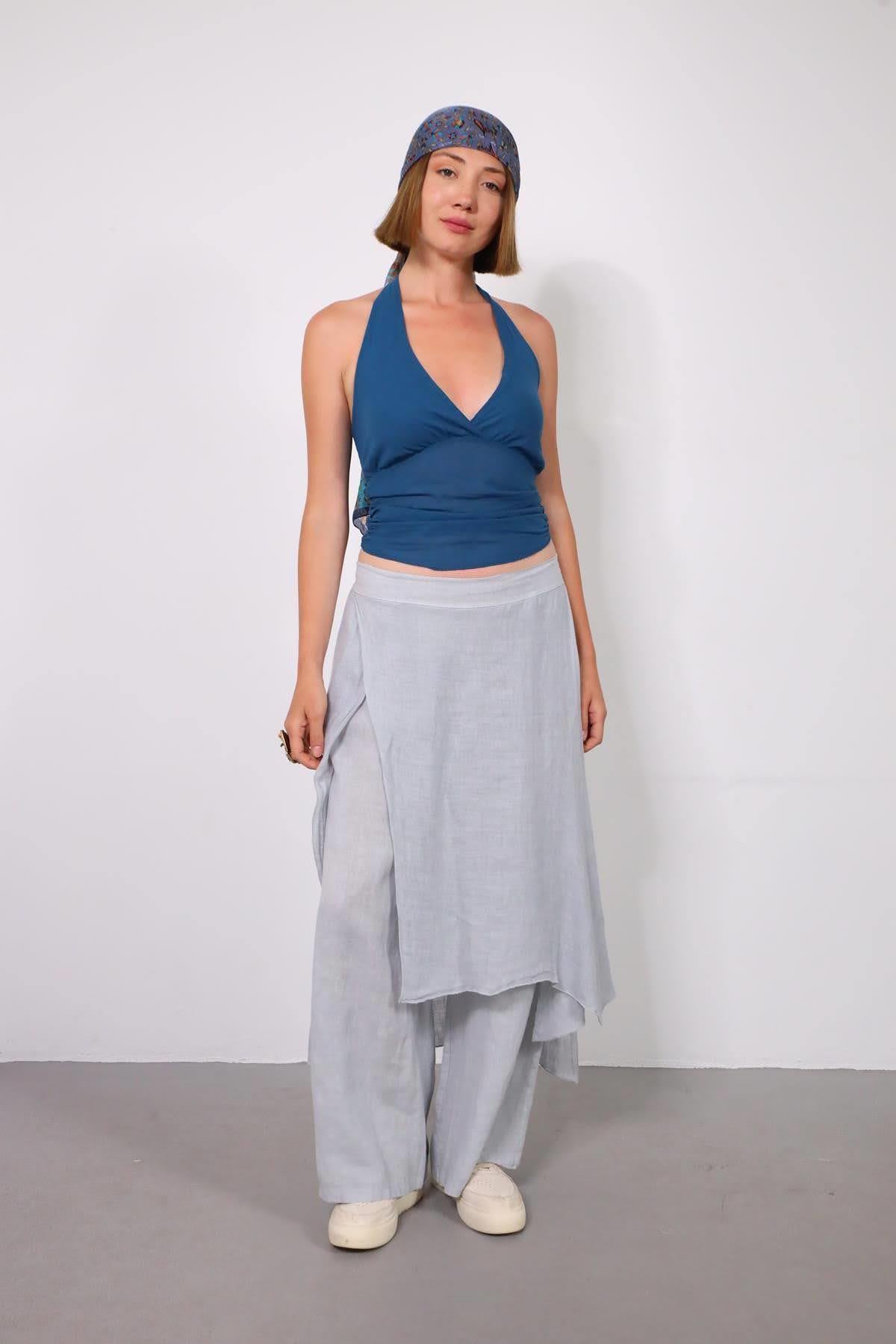  Gri Parça Detaylı Keten Pantolon