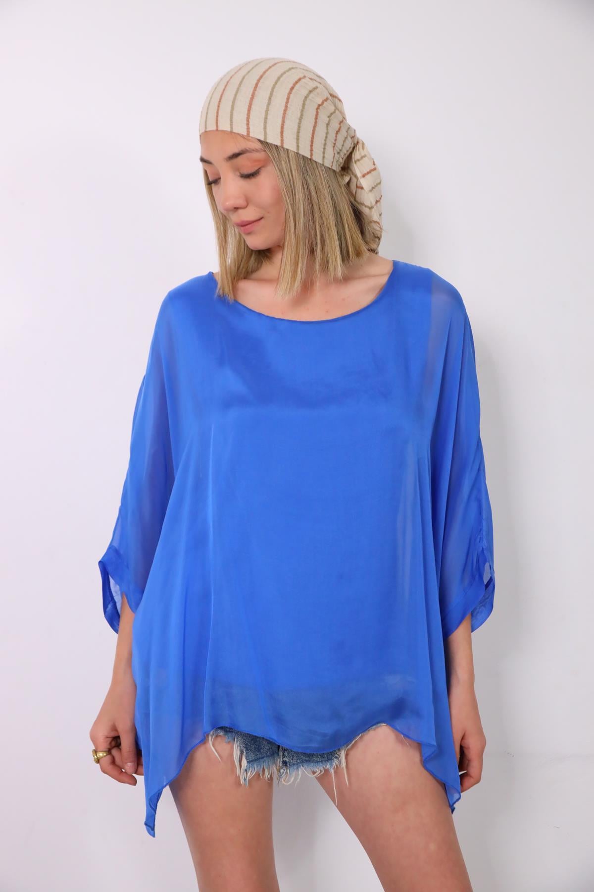 Saks Mavisi Yarasa Kol İpek Bluz - Şaman Butik Saks Mavisi Yarasa Kol İpek Bluz