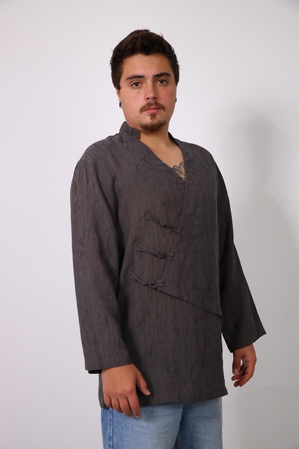 Anthracite Asymmetric Cut Linen Shirt - Saman Butik | Shop Online Anthracite Asymmetric Cut Linen Shirt