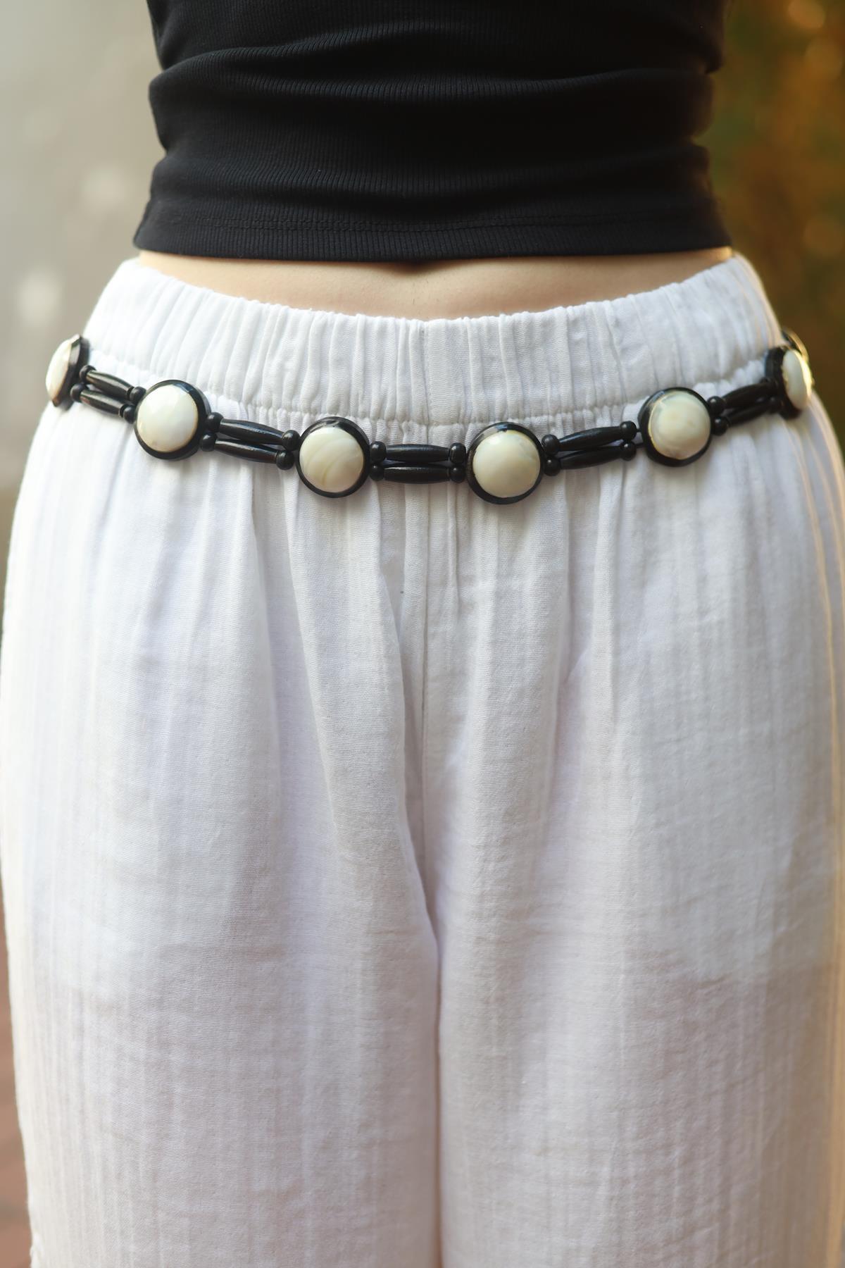 Siyah Sedef Taşlı Sıralı Kemer