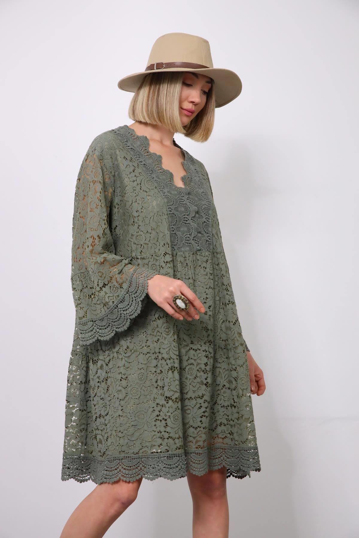 Haki Dantel Detaylı Midi Elbise - Şaman Butik - Bohem Giyim ve Aksesuar | Kadın & Erkek Haki Dantel Detaylı Midi Elbise