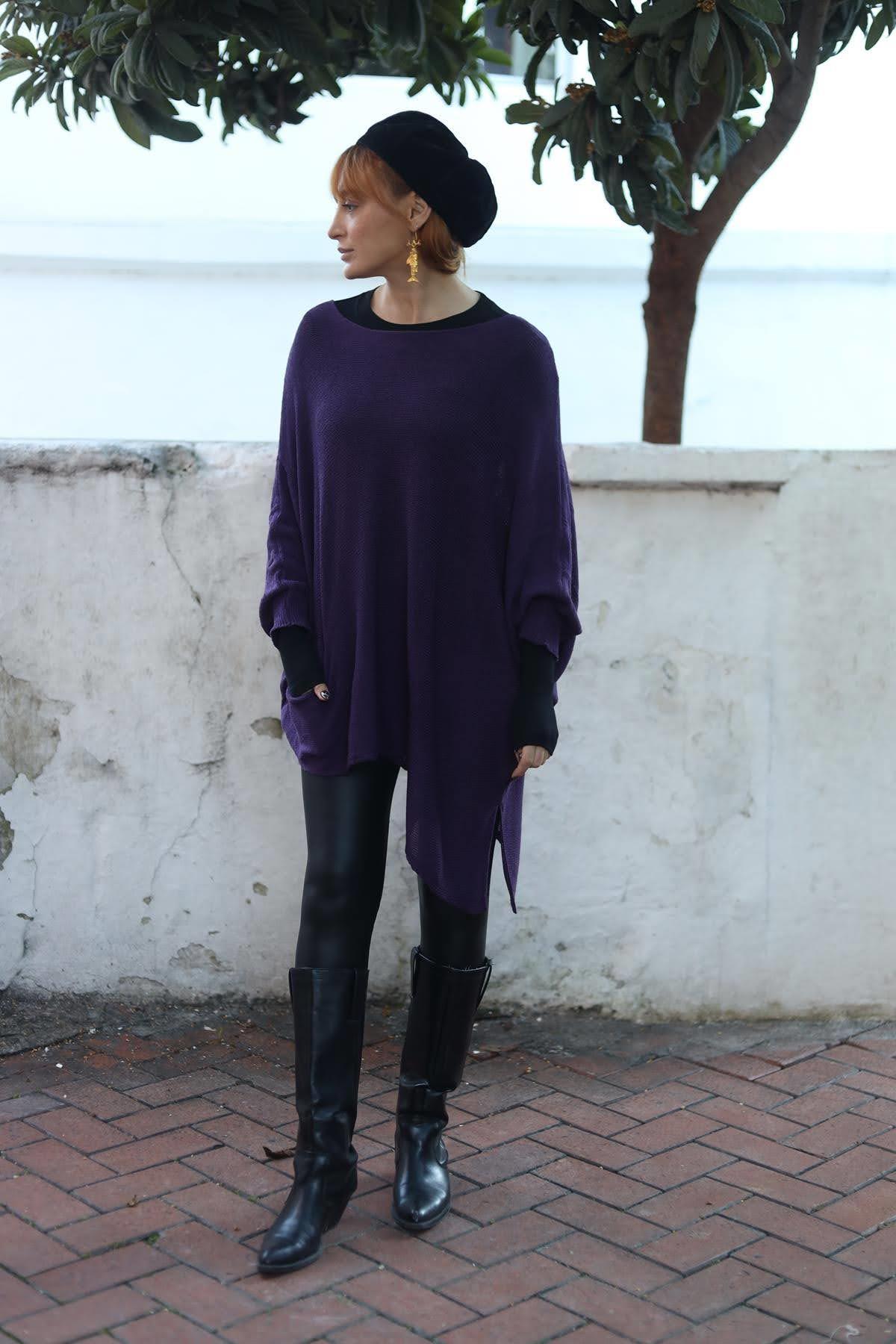 Mor Asimetrik Kesim Cepli Tunik